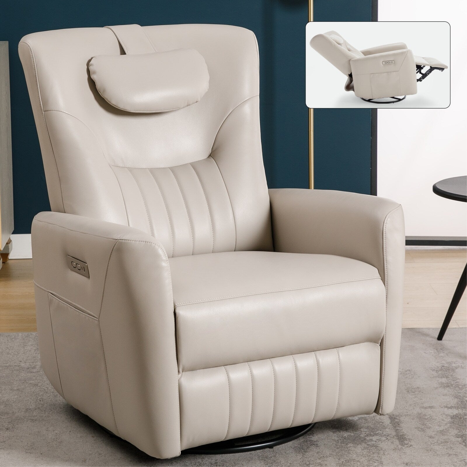 Fauteuil inclinable électrique pivotant à 270°, mouvement de bascule, coussin de soutien lombaire et cervical, ports USB et Type-C