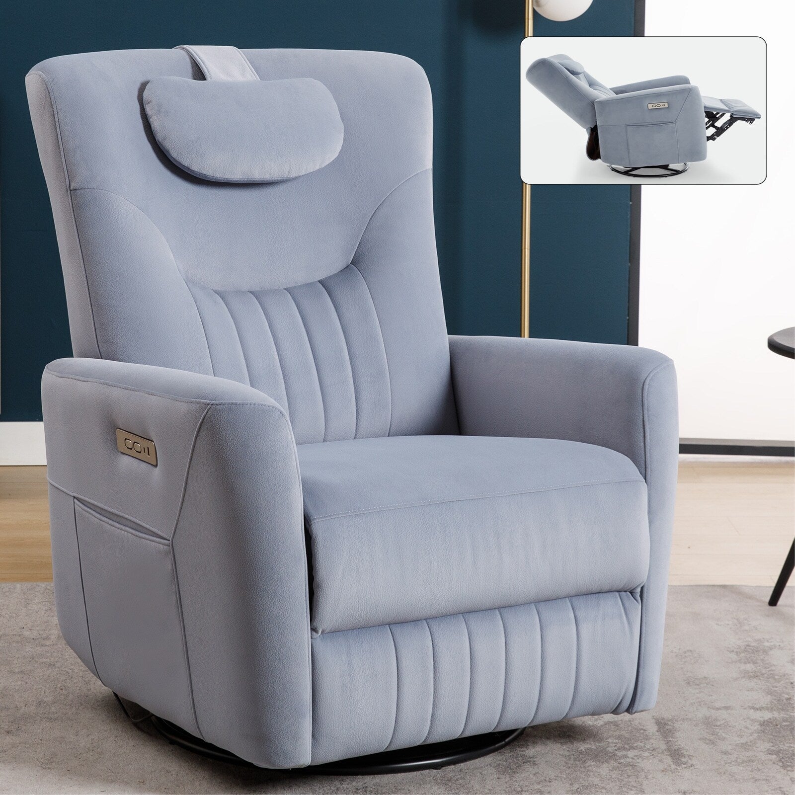 Fauteuil inclinable électrique pivotant à 270°, mouvement de bascule, coussin de soutien lombaire et cervical, ports USB et Type-C