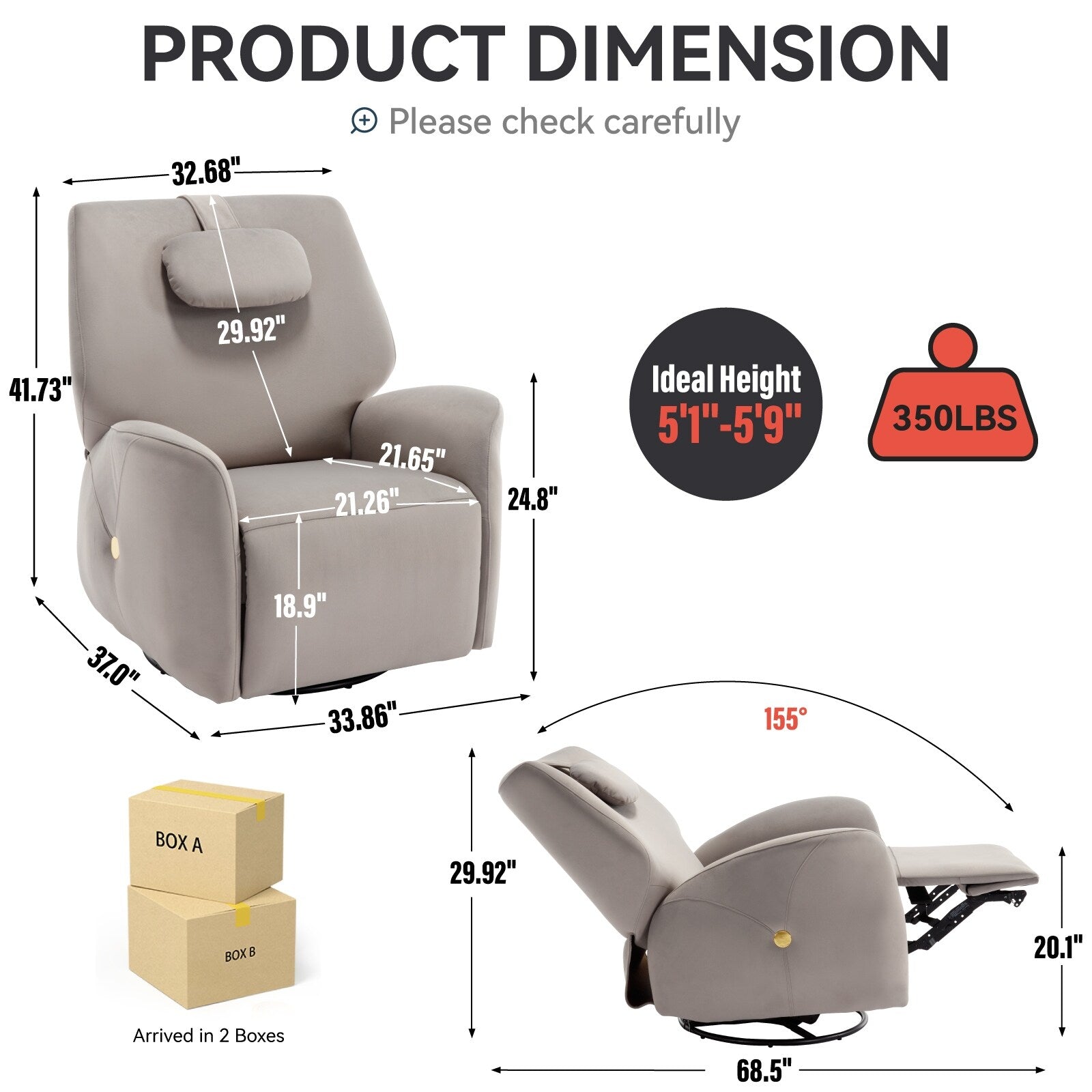 Fauteuil inclinable électrique pivotant à 270°, mouvement de bascule, soutien lombaire et cervical, ports de charge USB et Type-C, assemblage facile
