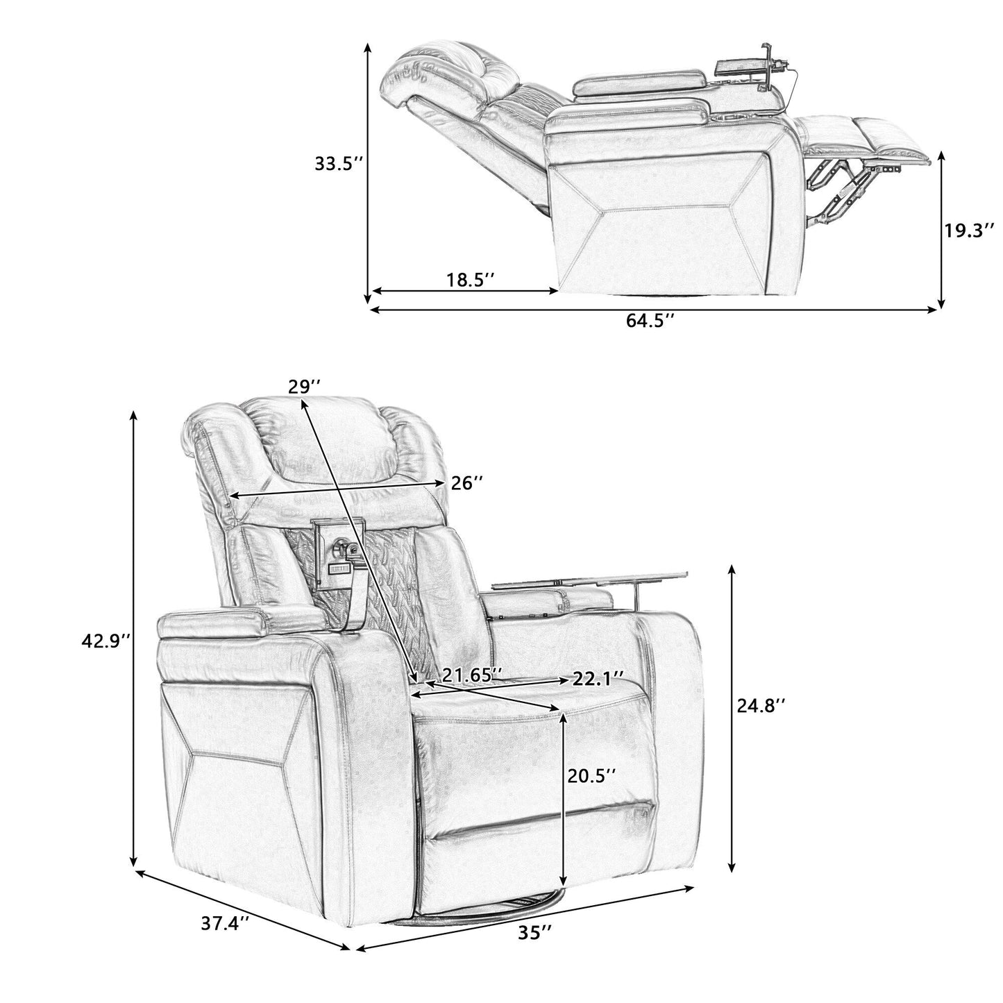 Fauteuil inclinable électrique pivotant à 270°, plateau, port USB et porte-gobelets