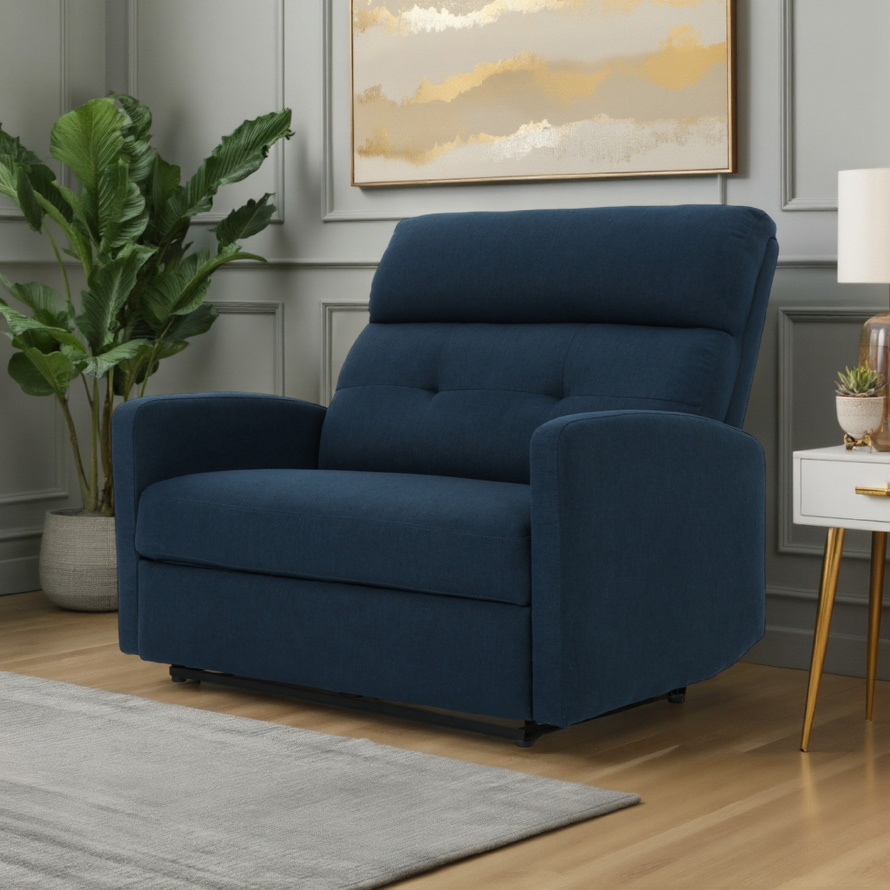 Fauteuil inclinable électrique, assise large et surdimensionnée, tissu bleu marine capitonné