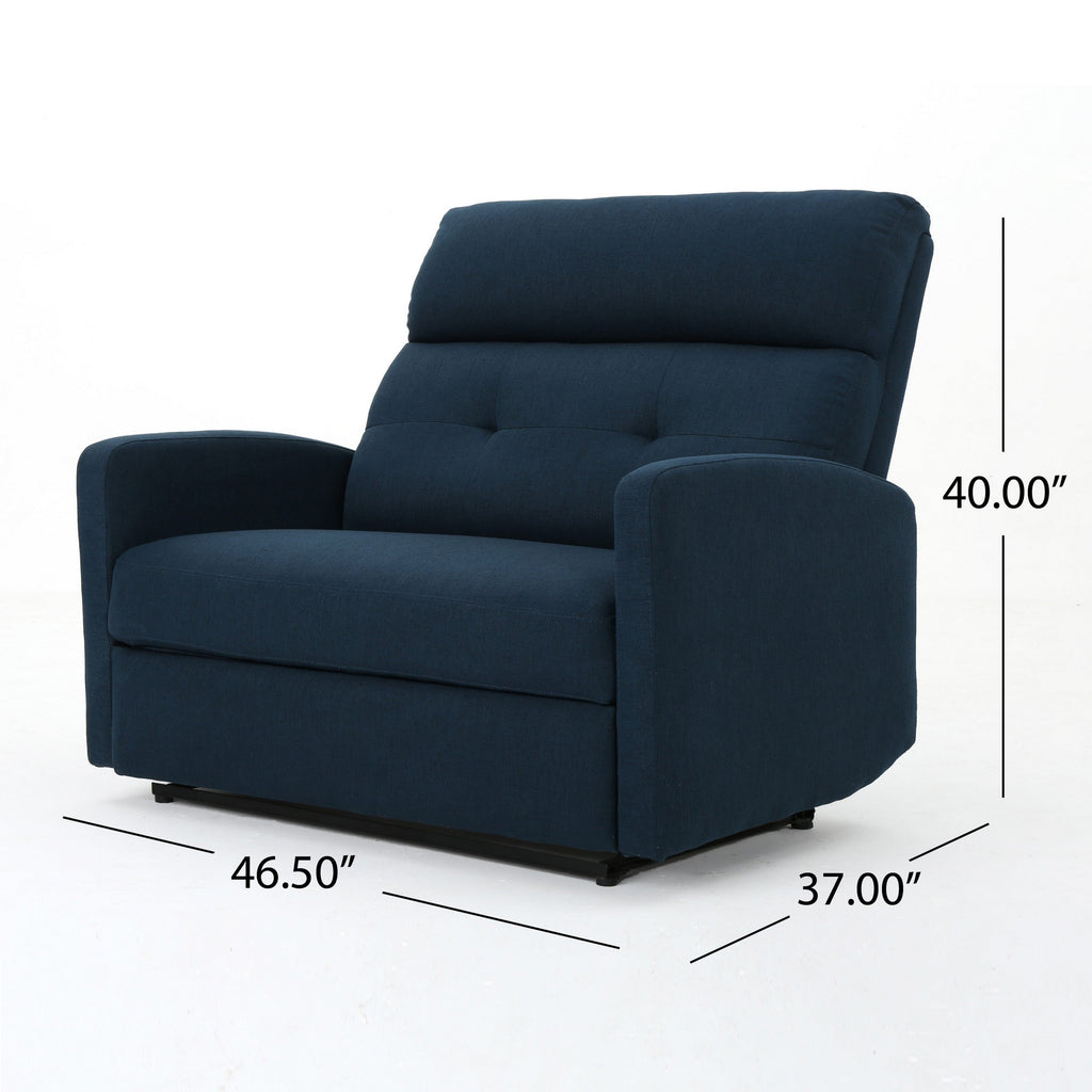 Fauteuil inclinable électrique, assise large et surdimensionnée, tissu bleu marine capitonné