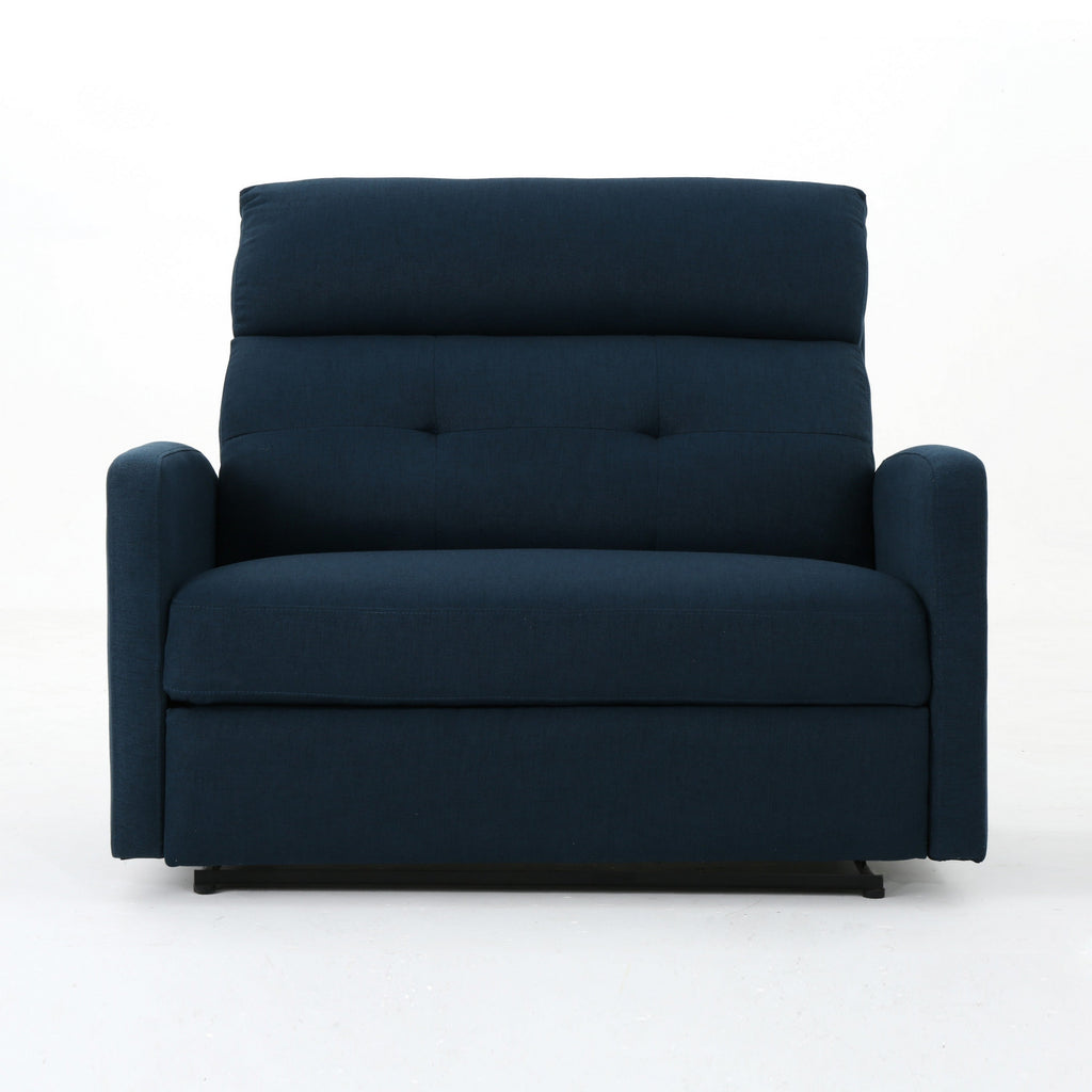 Fauteuil inclinable électrique, assise large et surdimensionnée, tissu bleu marine capitonné