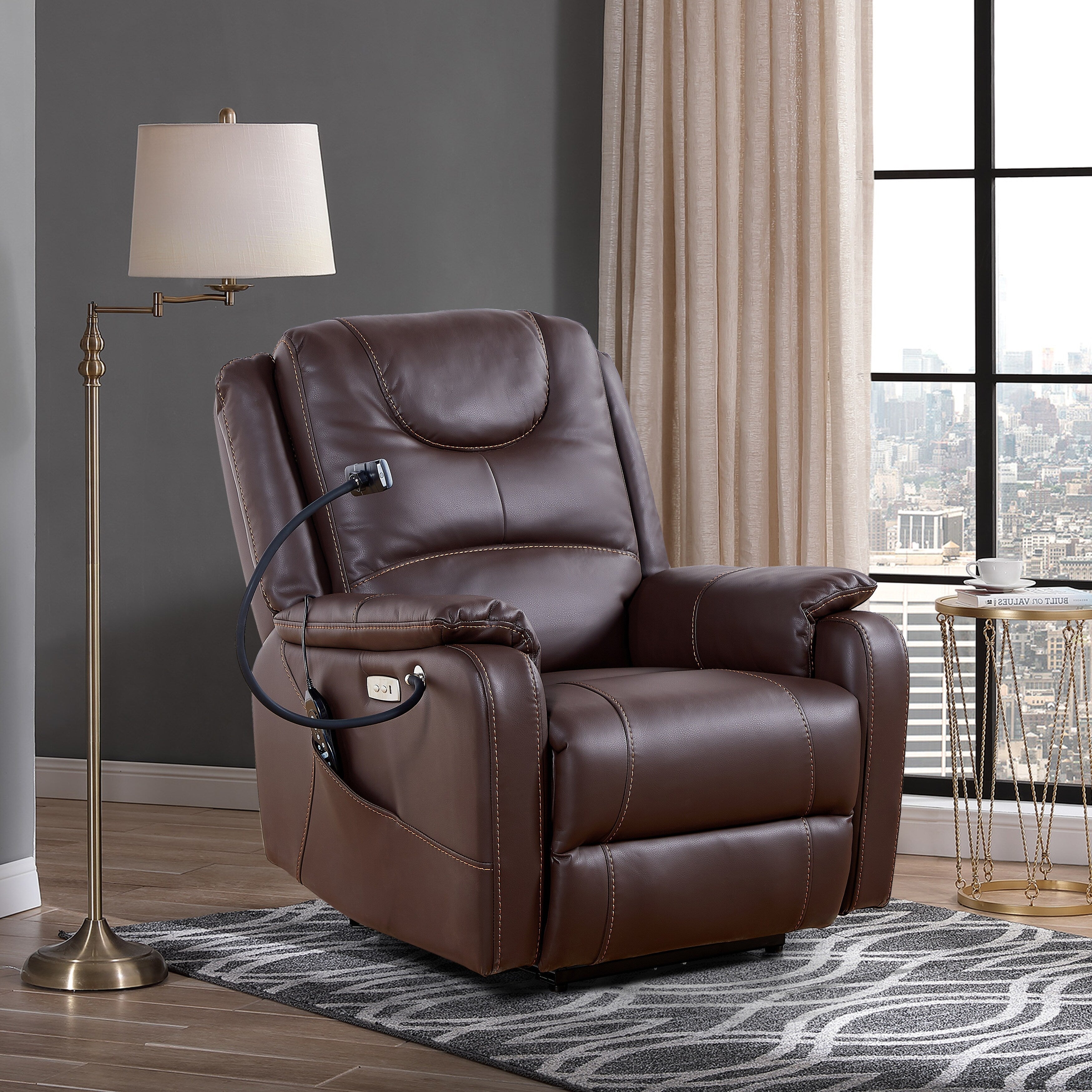 Fauteuil inclinable électrique, inclinable à 139°, massage et chauffage, moteur Okin, ports USB, support pour téléphone et poches latérales
