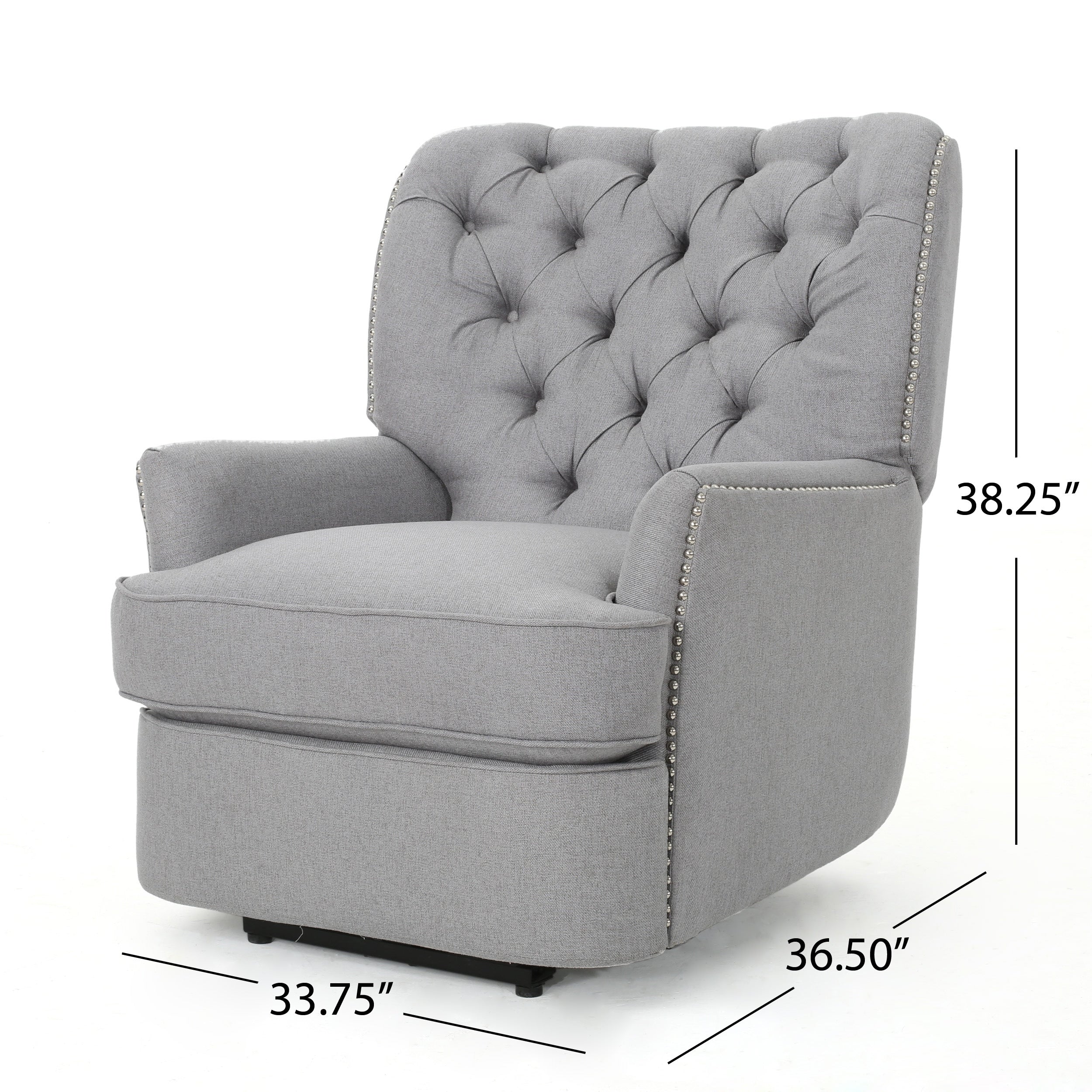 Fauteuil inclinable électrique, tissu gris doux capitonné à boutons, touches cuivrées