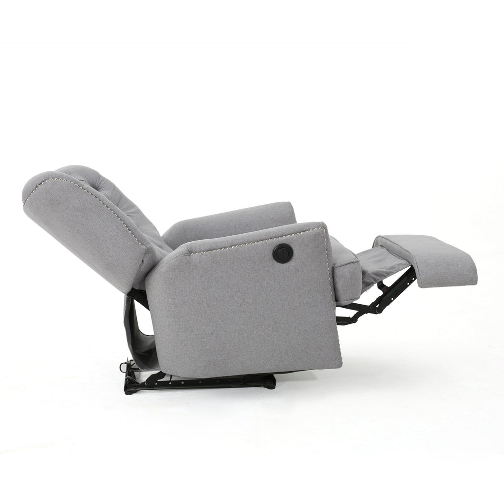 Fauteuil inclinable électrique, tissu gris doux capitonné à boutons, touches cuivrées