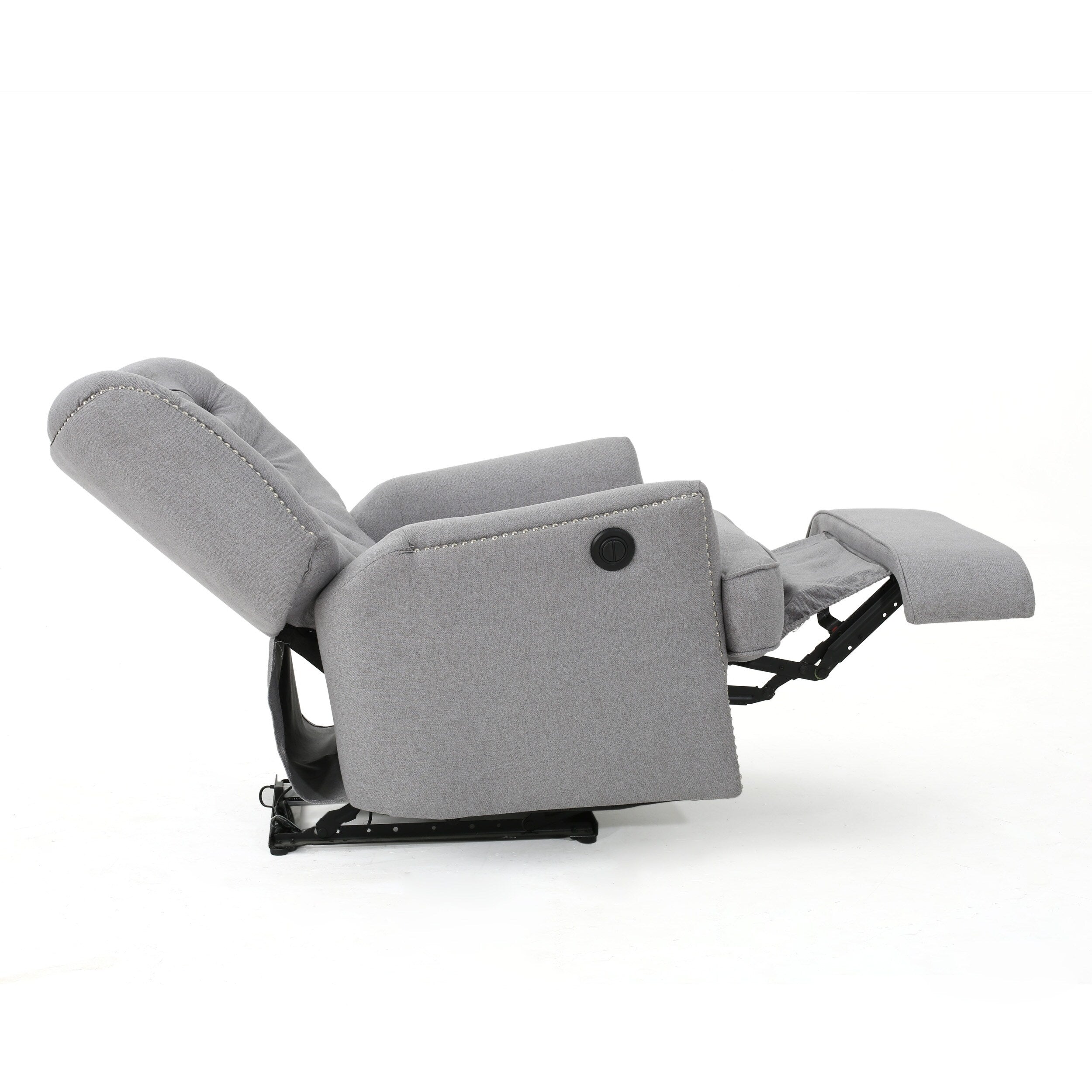 Fauteuil inclinable électrique, tissu gris doux capitonné à boutons, touches cuivrées