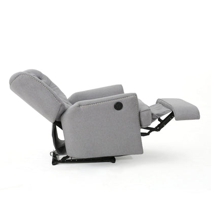 Fauteuil inclinable électrique, tissu gris doux capitonné à boutons, touches cuivrées