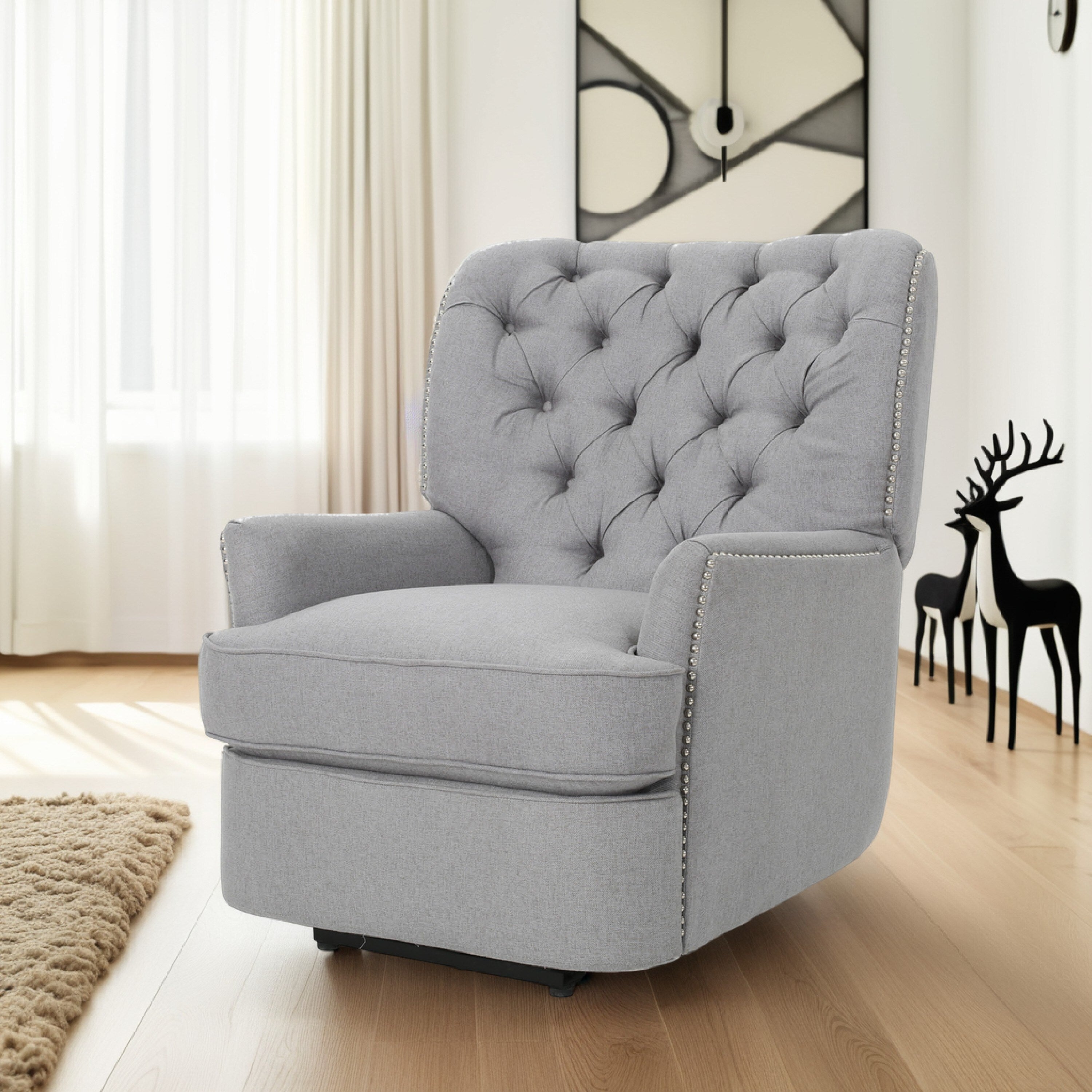 Fauteuil inclinable électrique, tissu gris doux capitonné à boutons, touches cuivrées