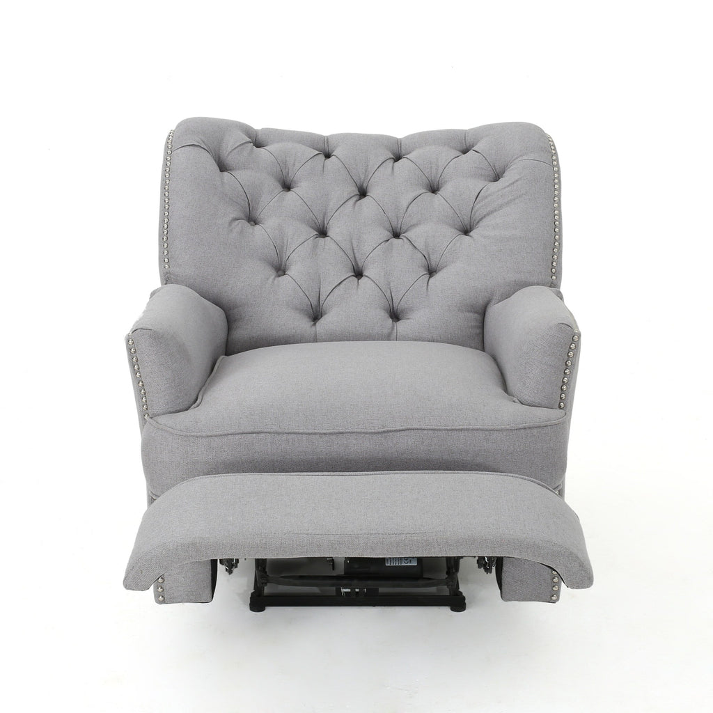 Fauteuil inclinable électrique, tissu gris doux capitonné à boutons, touches cuivrées