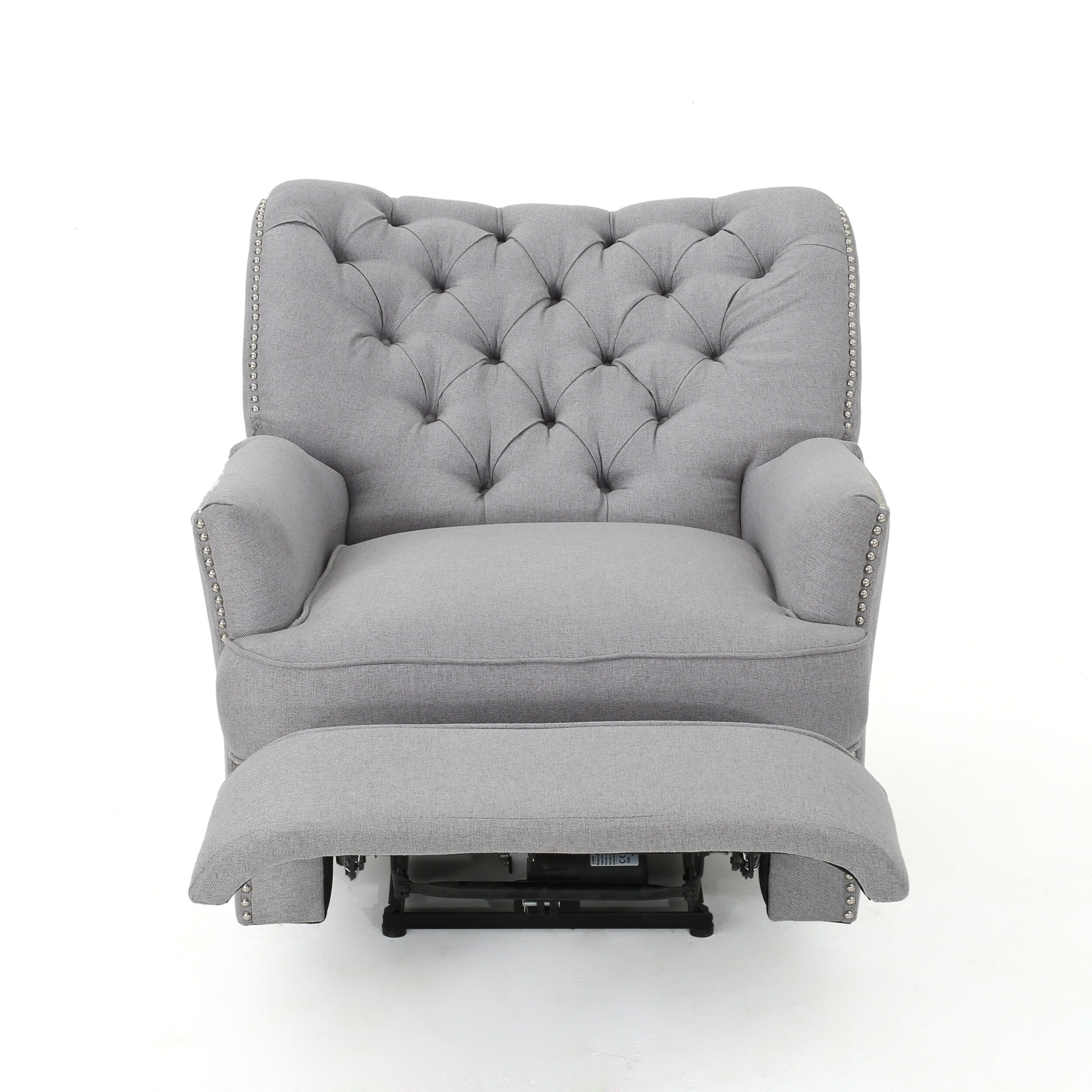 Fauteuil inclinable électrique, tissu gris doux capitonné à boutons, touches cuivrées