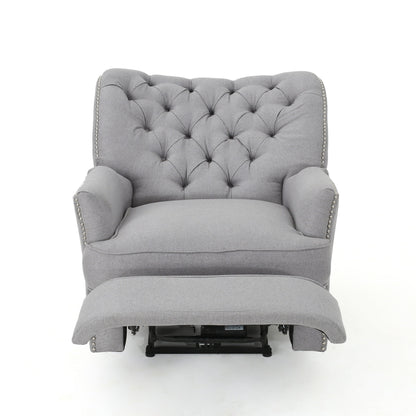 Fauteuil inclinable électrique, tissu gris doux capitonné à boutons, touches cuivrées