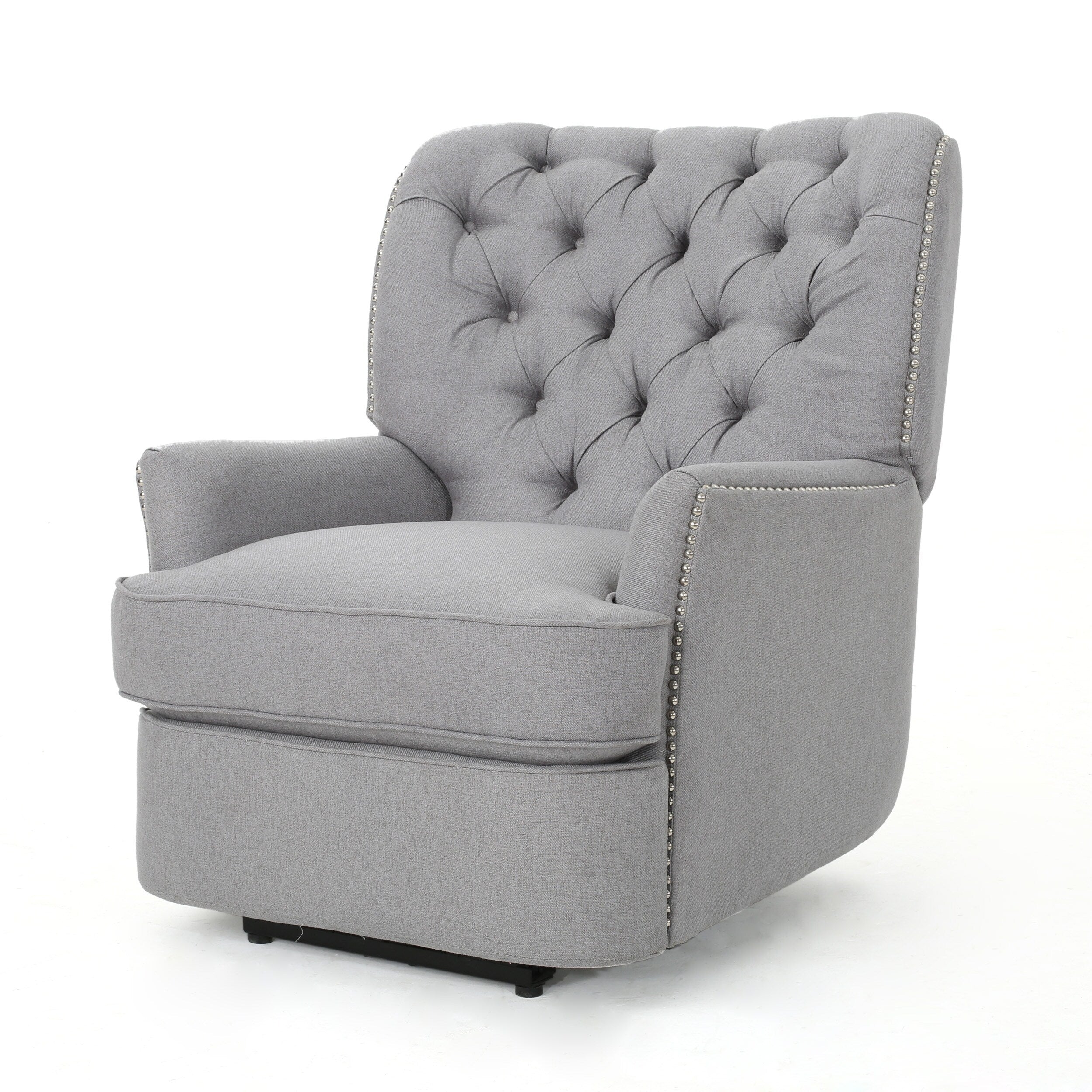 Fauteuil inclinable électrique, tissu gris doux capitonné à boutons, touches cuivrées
