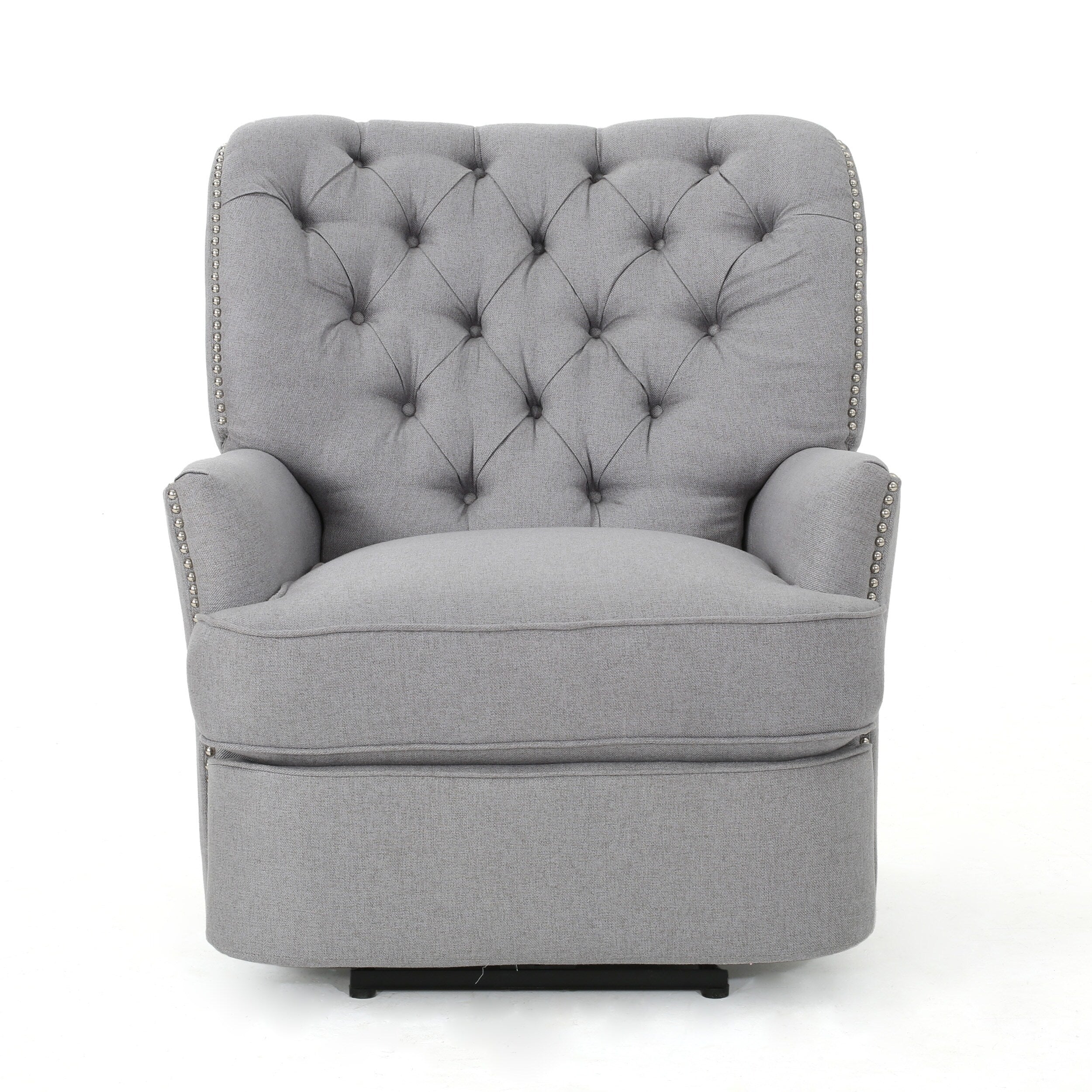 Fauteuil inclinable électrique, tissu gris doux capitonné à boutons, touches cuivrées