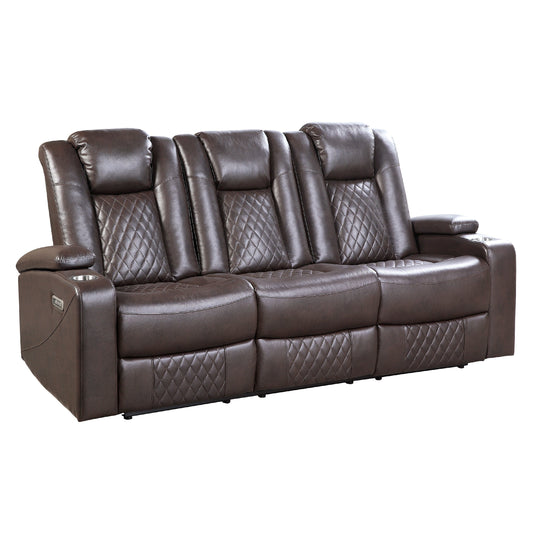 Canapé inclinable électrique, 83 pouces, similicuir marron, table rabattable