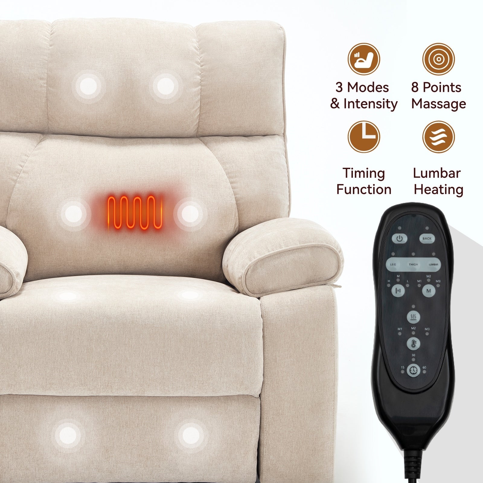 Fauteuils inclinables électriques à télécommande avec porte-gobelets dissimulés et massage par la chaleur