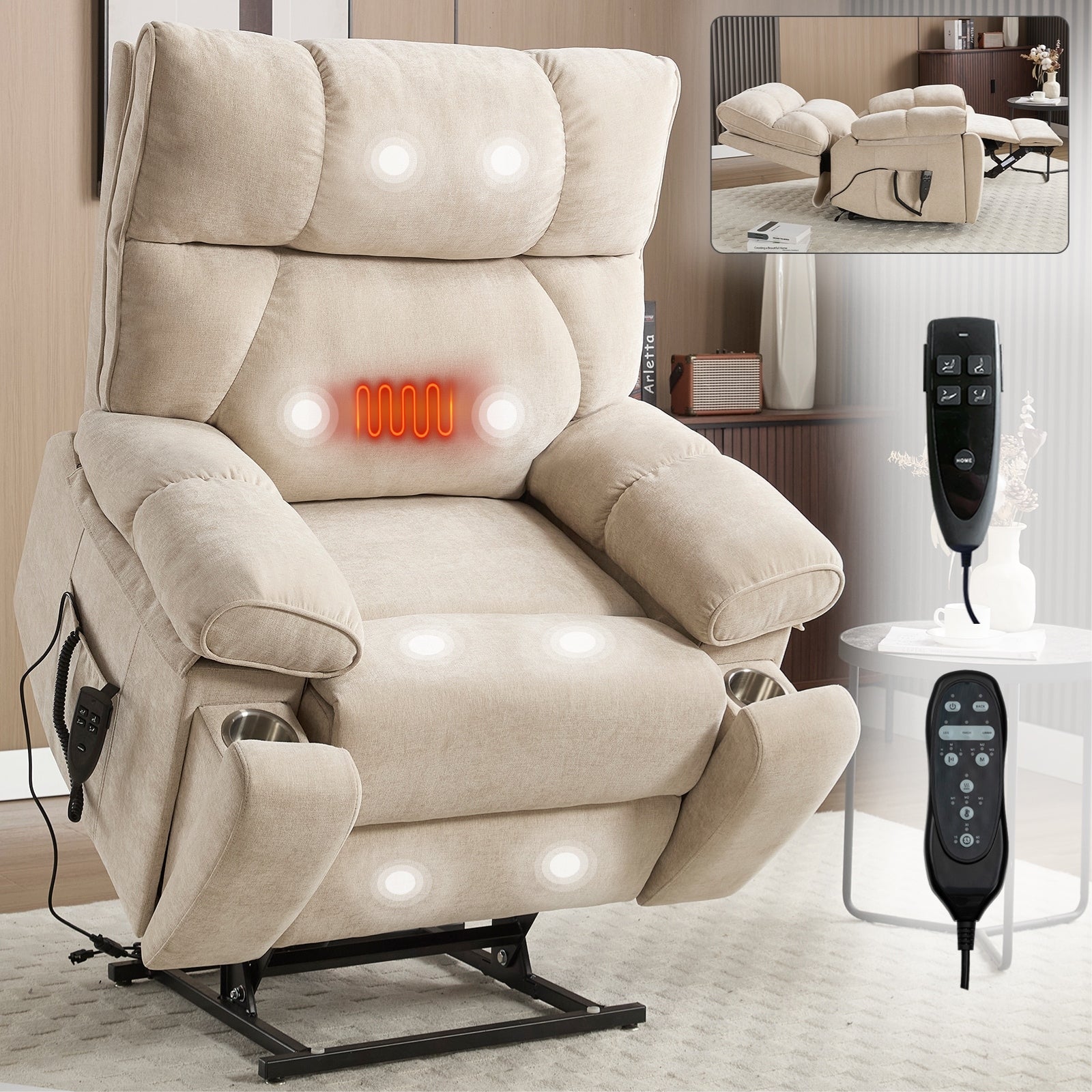 Fauteuils inclinables électriques à télécommande avec porte-gobelets dissimulés et massage par la chaleur