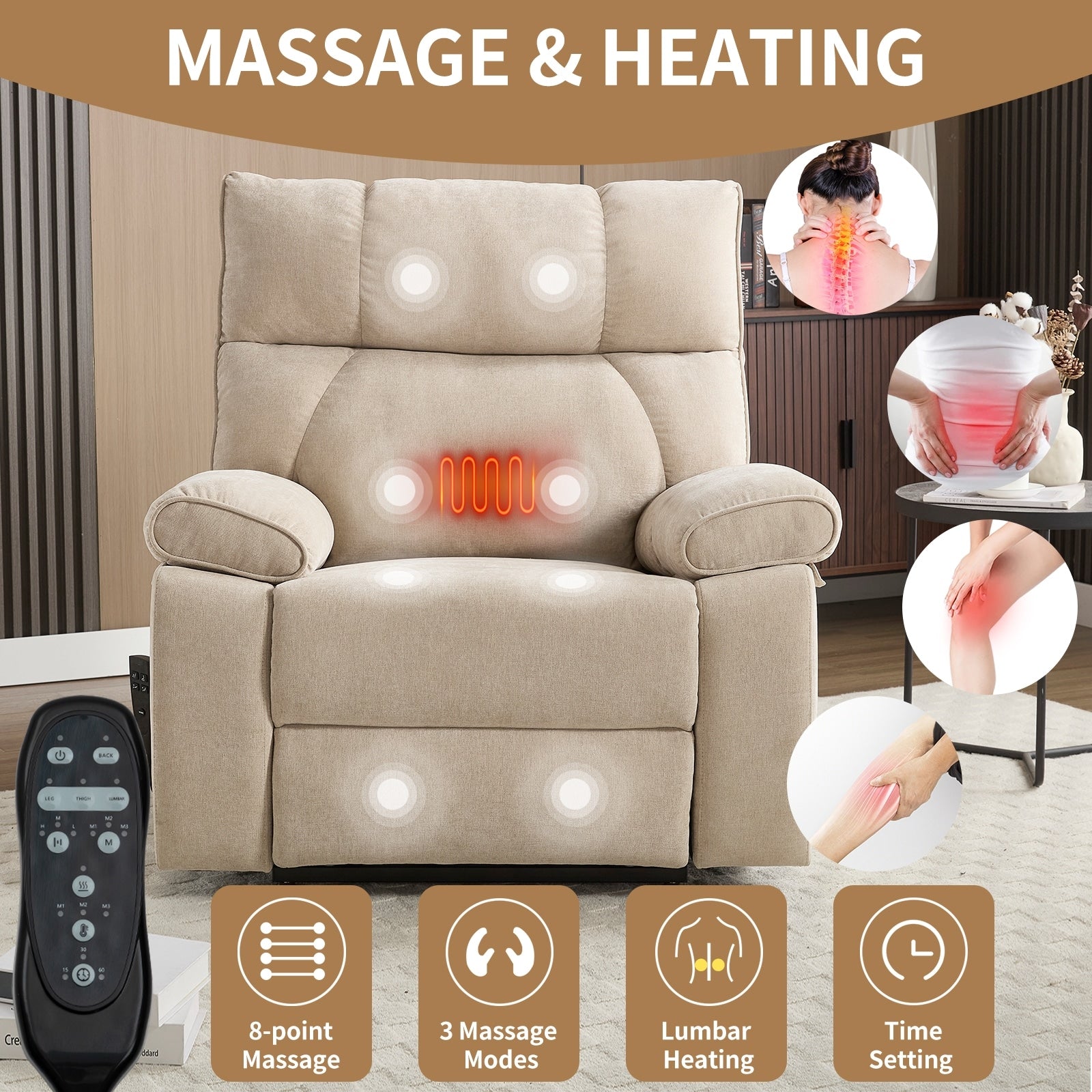Fauteuils inclinables électriques à télécommande avec porte-gobelets dissimulés et massage par la chaleur