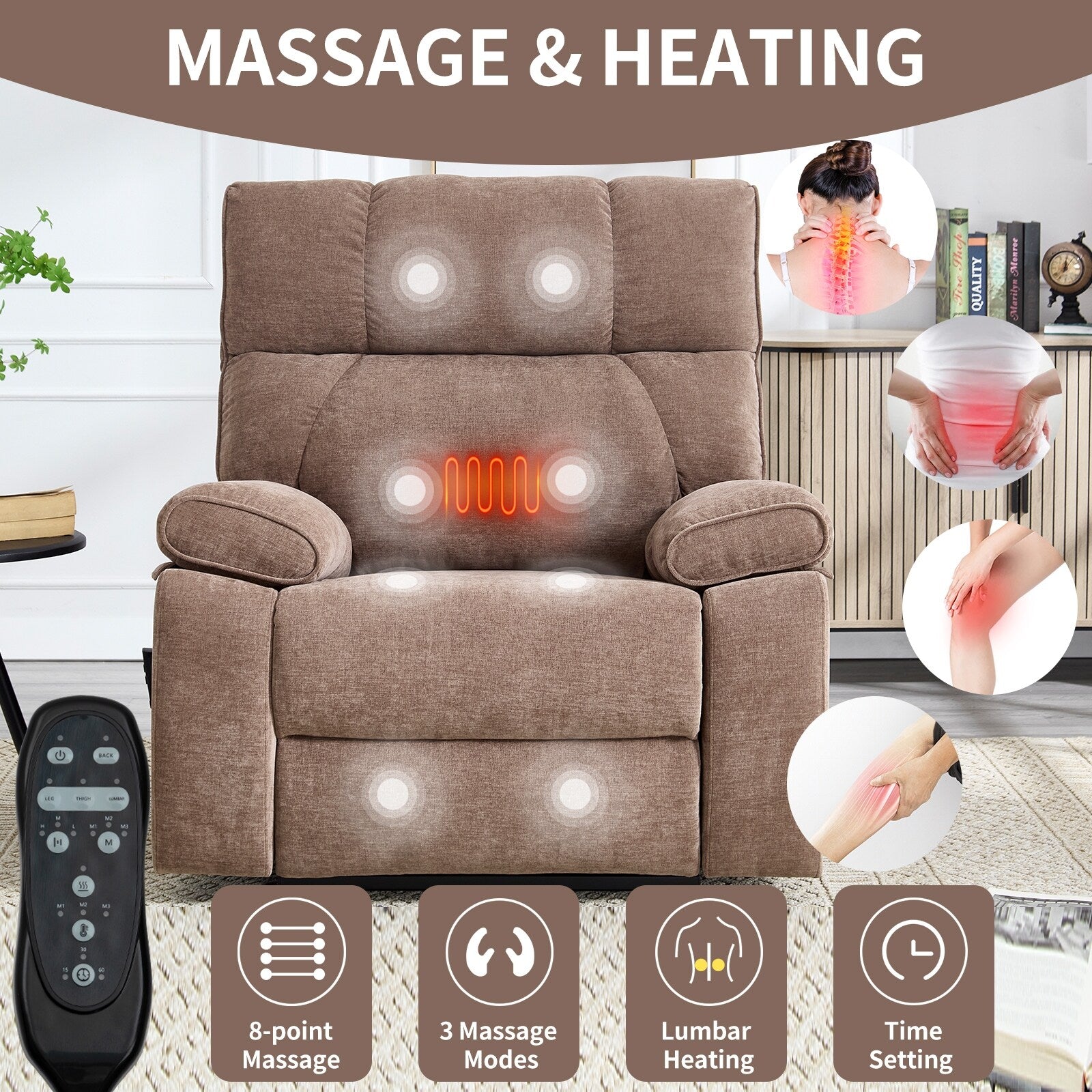 Fauteuils inclinables électriques à télécommande avec porte-gobelets dissimulés et massage par la chaleur
