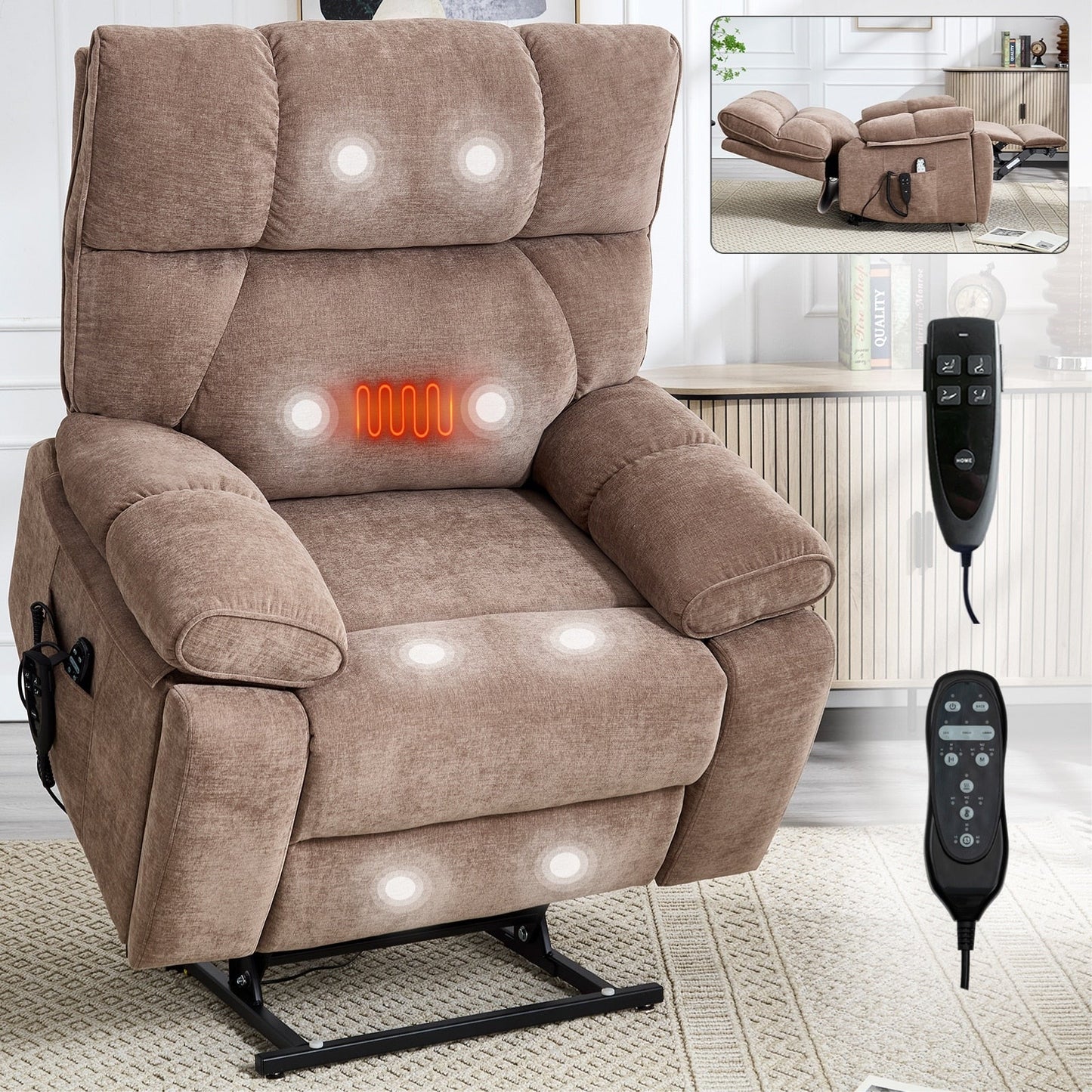Fauteuils inclinables électriques à télécommande avec porte-gobelets dissimulés et massage par la chaleur