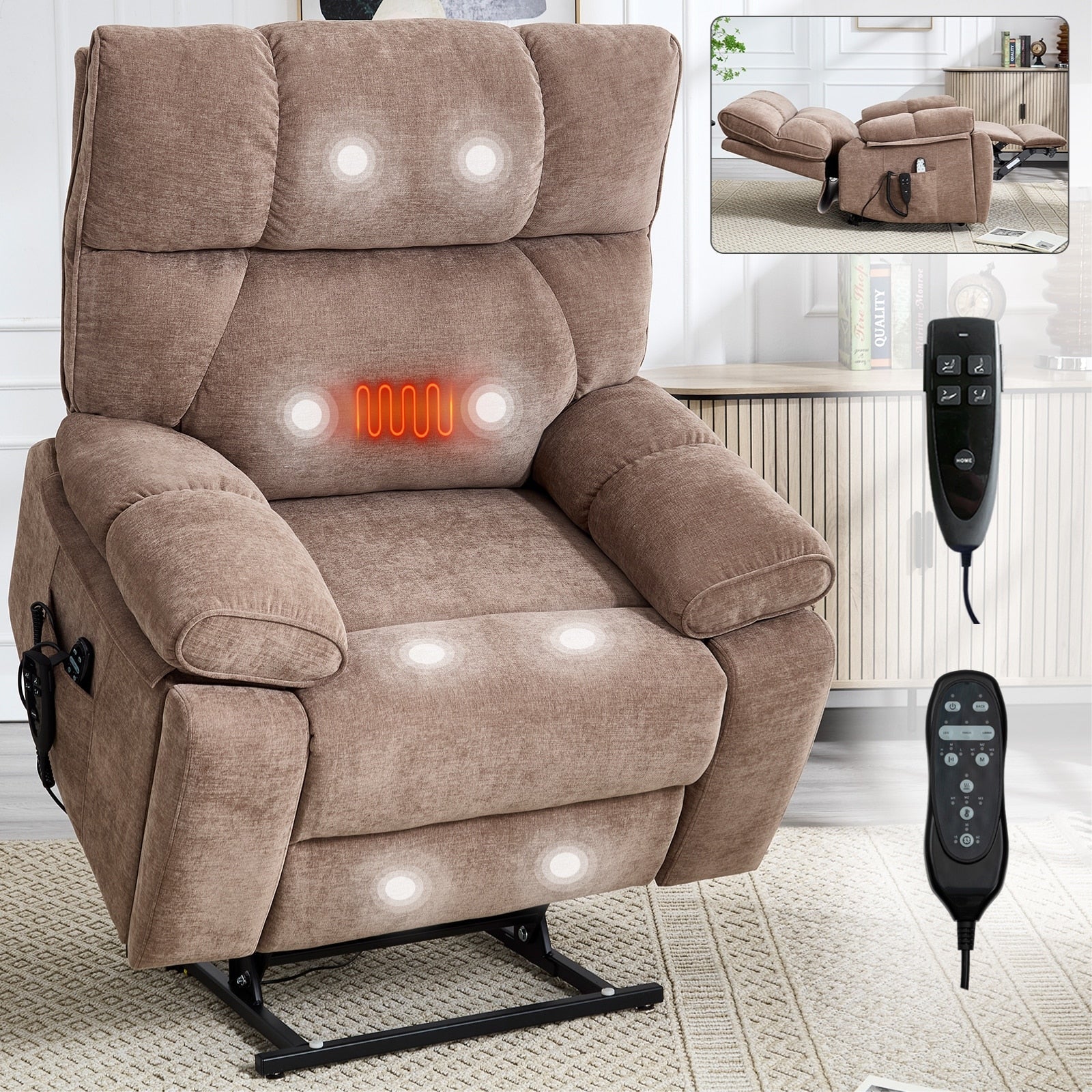 Fauteuils inclinables électriques à télécommande avec porte-gobelets dissimulés et massage par la chaleur
