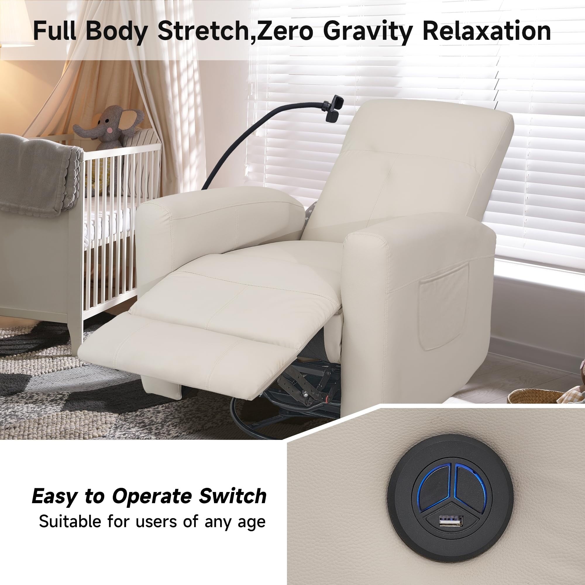 Fauteuil inclinable pivotant et électrique pour chambre d'enfant, fauteuil à bascule pivotant avec ports USB