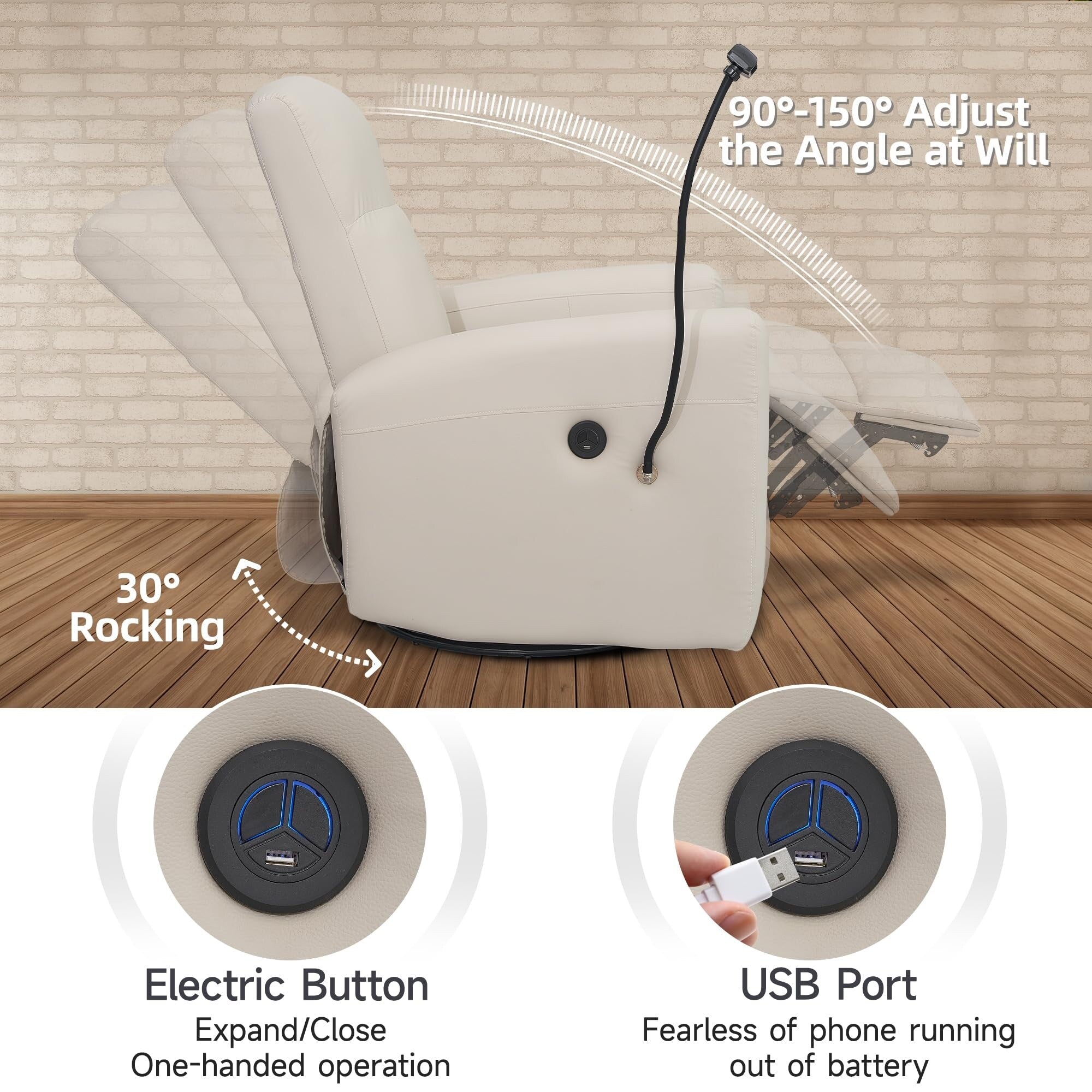 Fauteuil inclinable pivotant et électrique pour chambre d'enfant, fauteuil à bascule pivotant avec ports USB