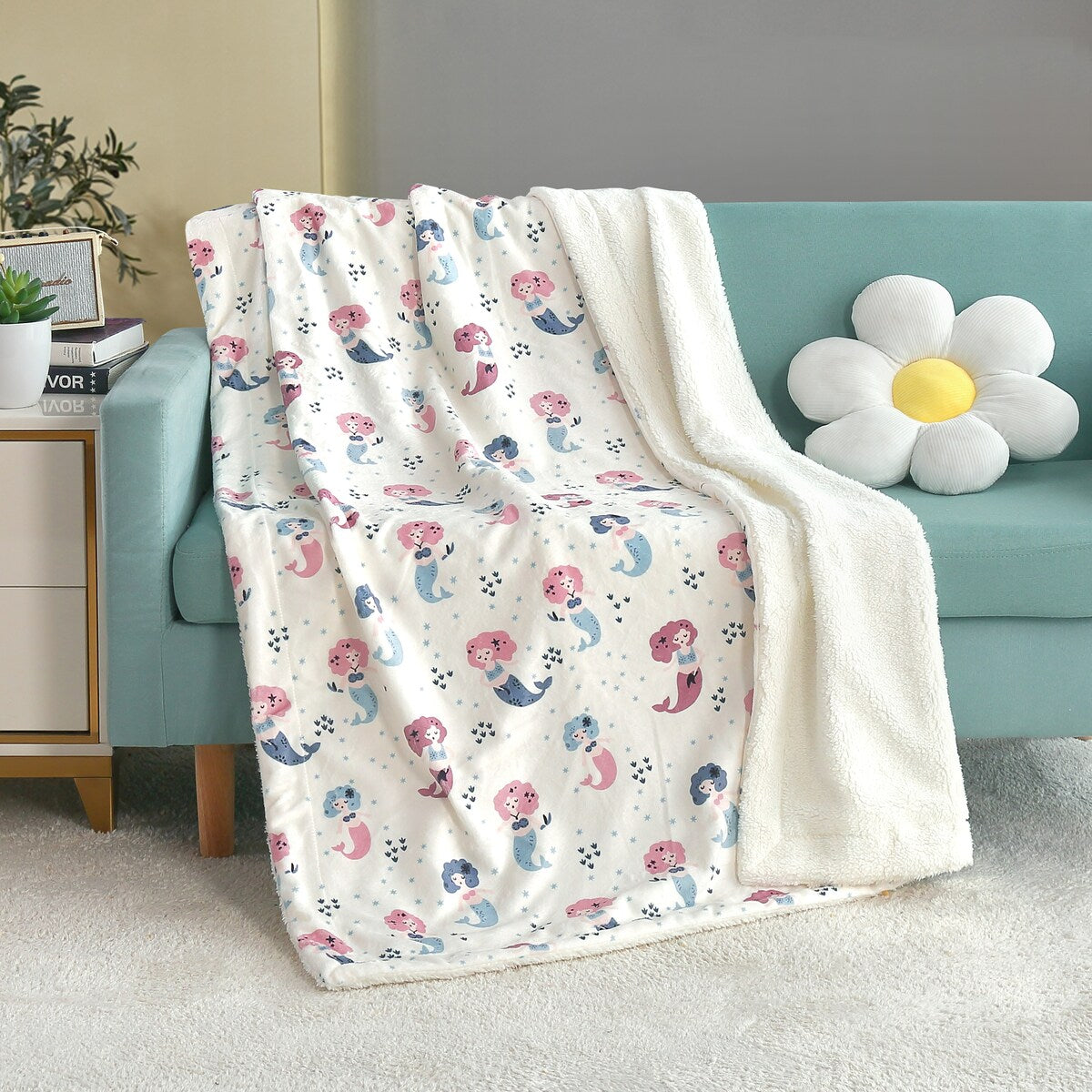 Couverture imprimée en flanelle douce et polaire Sherpa pour enfants, 40 x 50 pouces, motif sirène rose avec base blanche