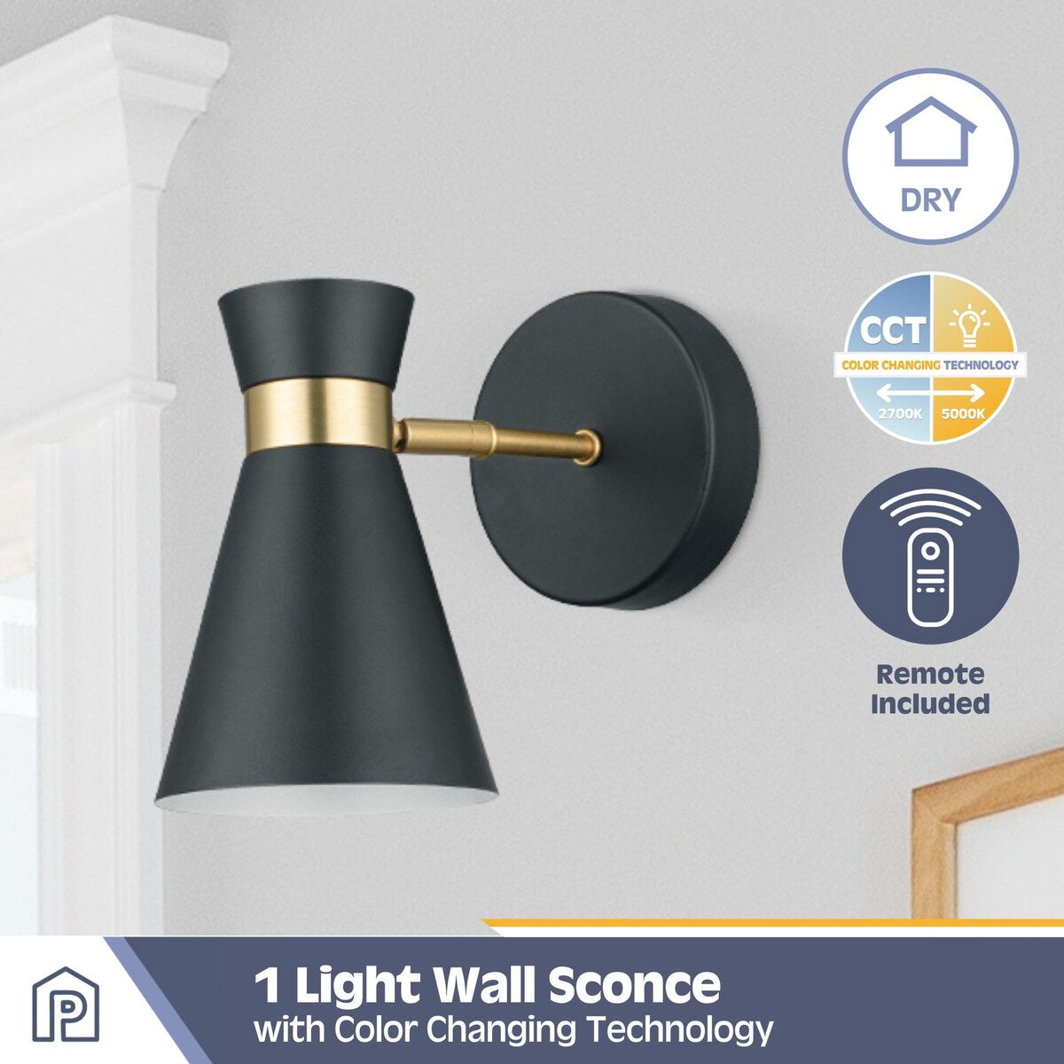 Applique murale LED Prominence Home à piles, lot de 2, noir mat, avec touches dorées brossées