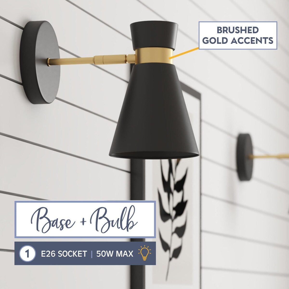 Applique murale LED Prominence Home à piles, lot de 2, noir mat, avec touches dorées brossées