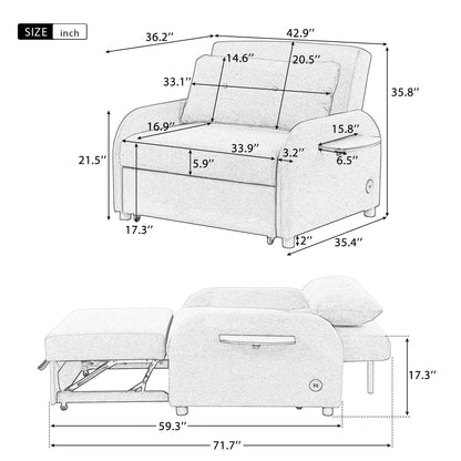 Canapé-lit gigogne 3 en 1 avec table à 2 ailes et chargeur USB pour salon et salle de loisirs