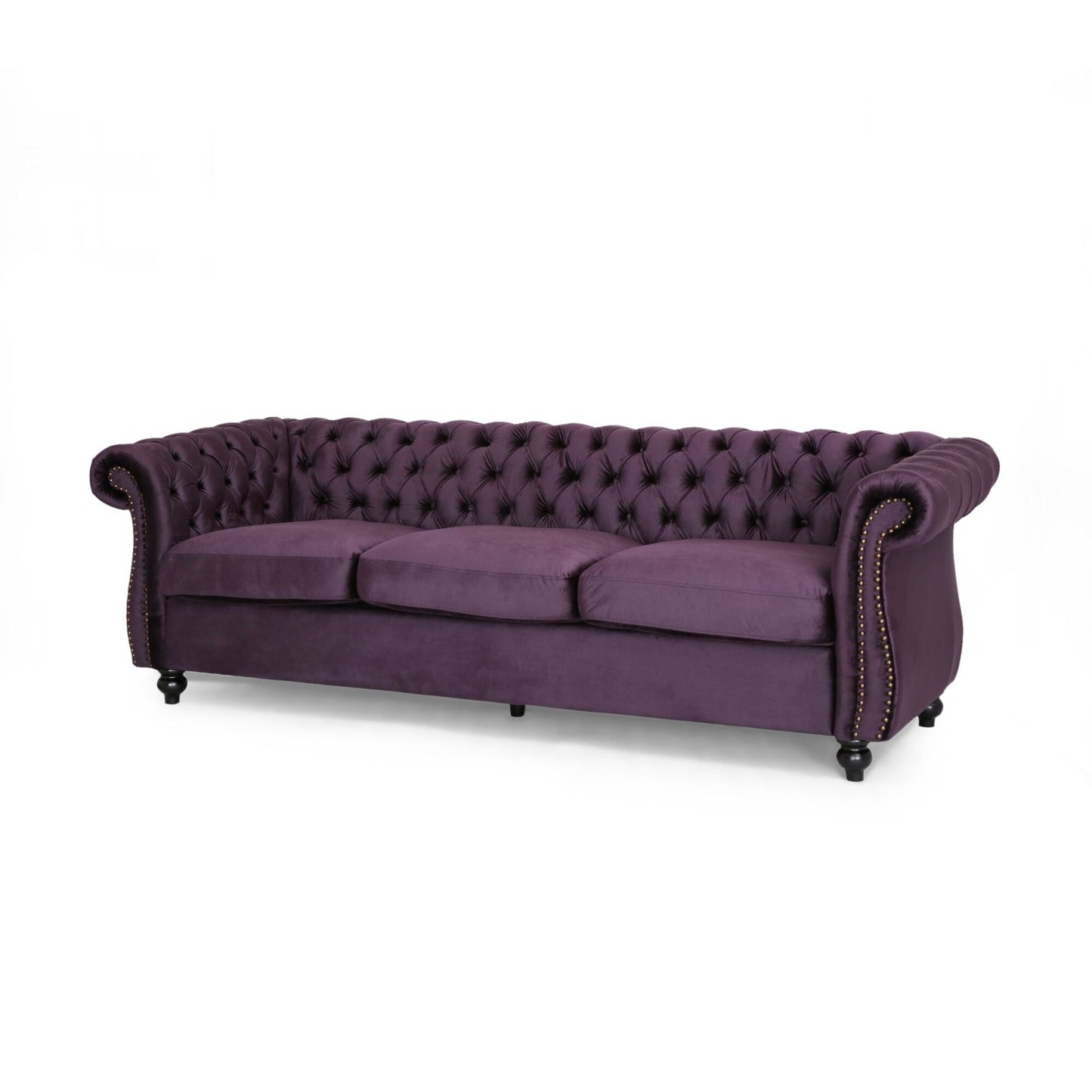 Canapé 3 places capitonné Chesterfield violet 84,75 avec têtes de clous et pieds en bois pour le salon