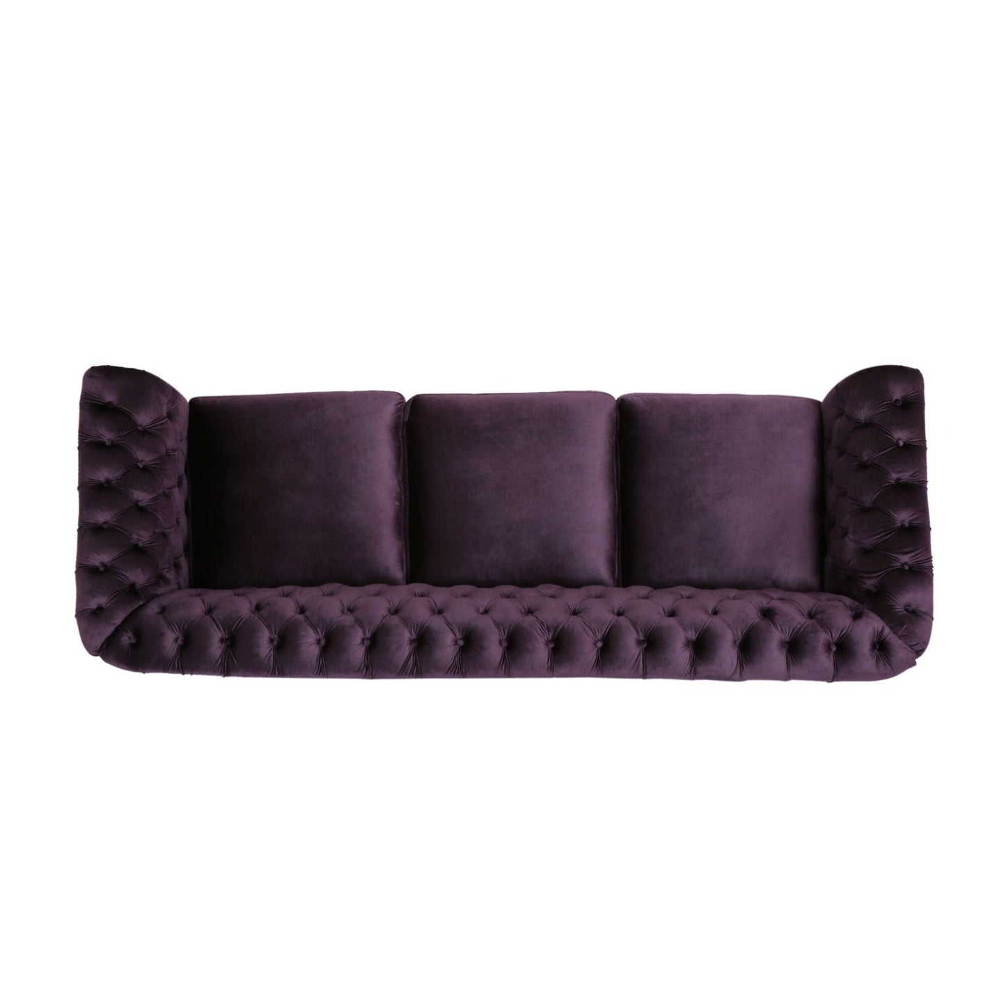 Canapé 3 places capitonné Chesterfield violet 84,75 avec têtes de clous et pieds en bois pour le salon