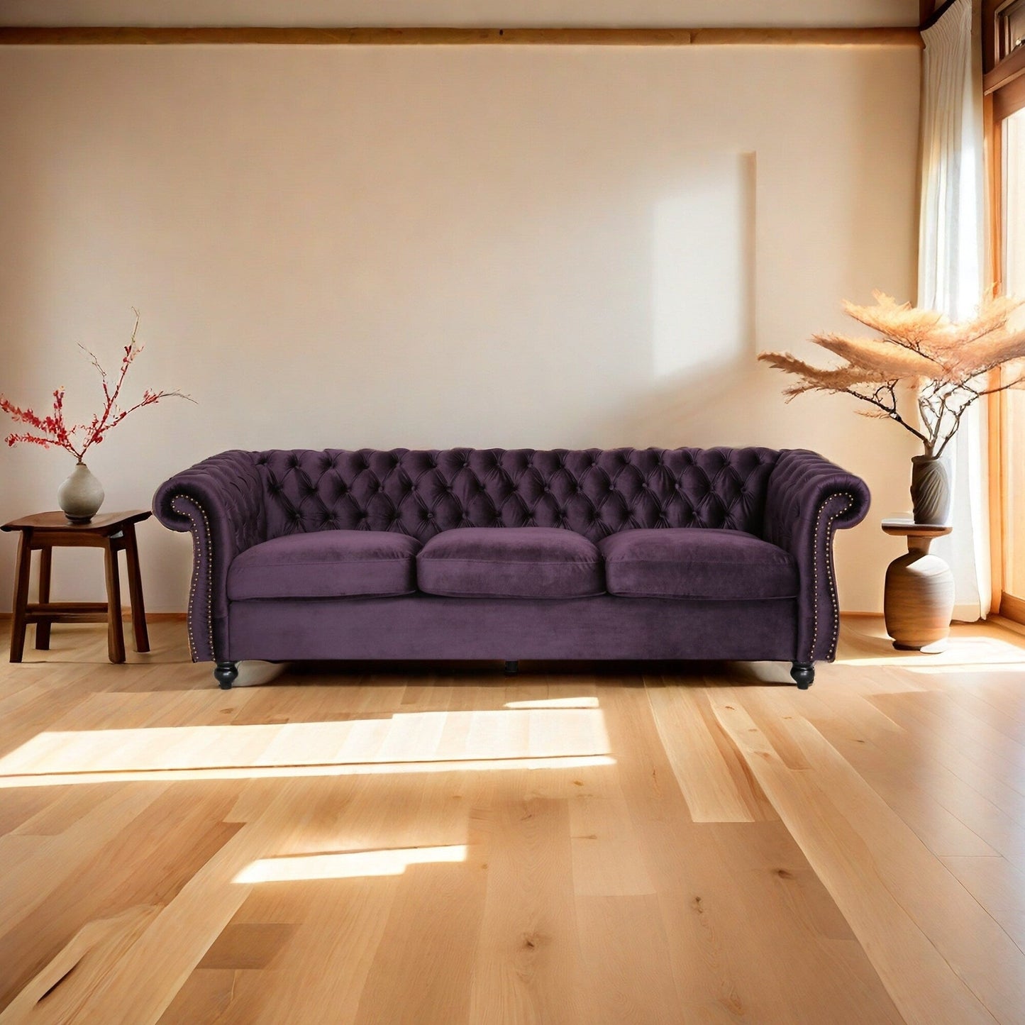 Canapé 3 places capitonné Chesterfield violet 84,75 avec têtes de clous et pieds en bois pour le salon