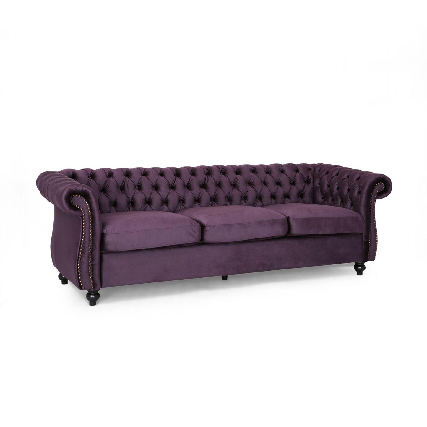 Canapé 3 places capitonné Chesterfield violet 84,75 avec têtes de clous et pieds en bois pour le salon