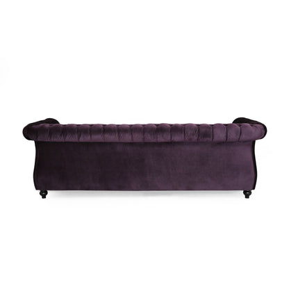 Canapé 3 places capitonné Chesterfield violet 84,75 avec têtes de clous et pieds en bois pour le salon