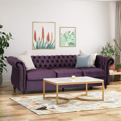 Canapé 3 places capitonné Chesterfield violet 84,75 avec têtes de clous et pieds en bois pour le salon