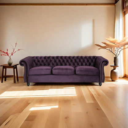 Canapé 3 places Chesterfield violet capitonné avec têtes de clous