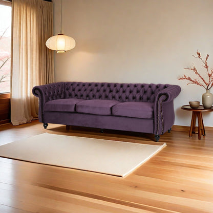 Canapé 3 places Chesterfield violet capitonné avec têtes de clous