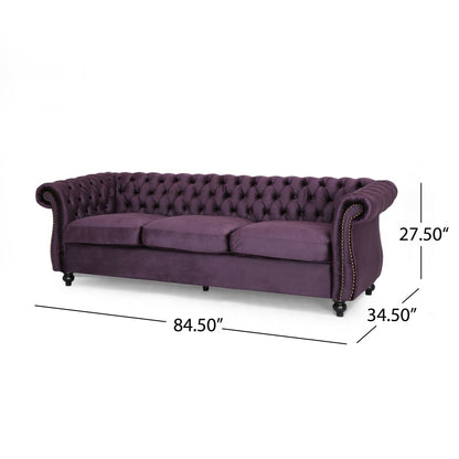 Canapé 3 places Chesterfield violet capitonné avec têtes de clous