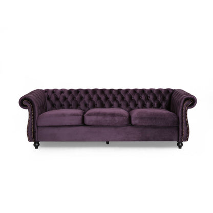 Canapé 3 places Chesterfield violet capitonné avec têtes de clous