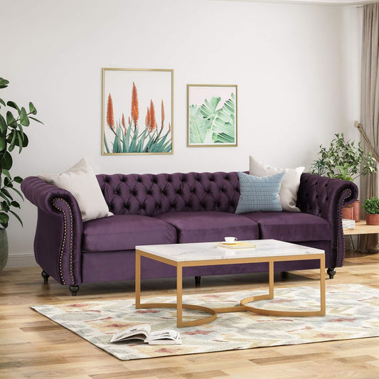 Canapé moderne en velours violet de 84,5 pouces avec accoudoirs droits, 3 coussins amovibles, confort moelleux et savoir-faire durable