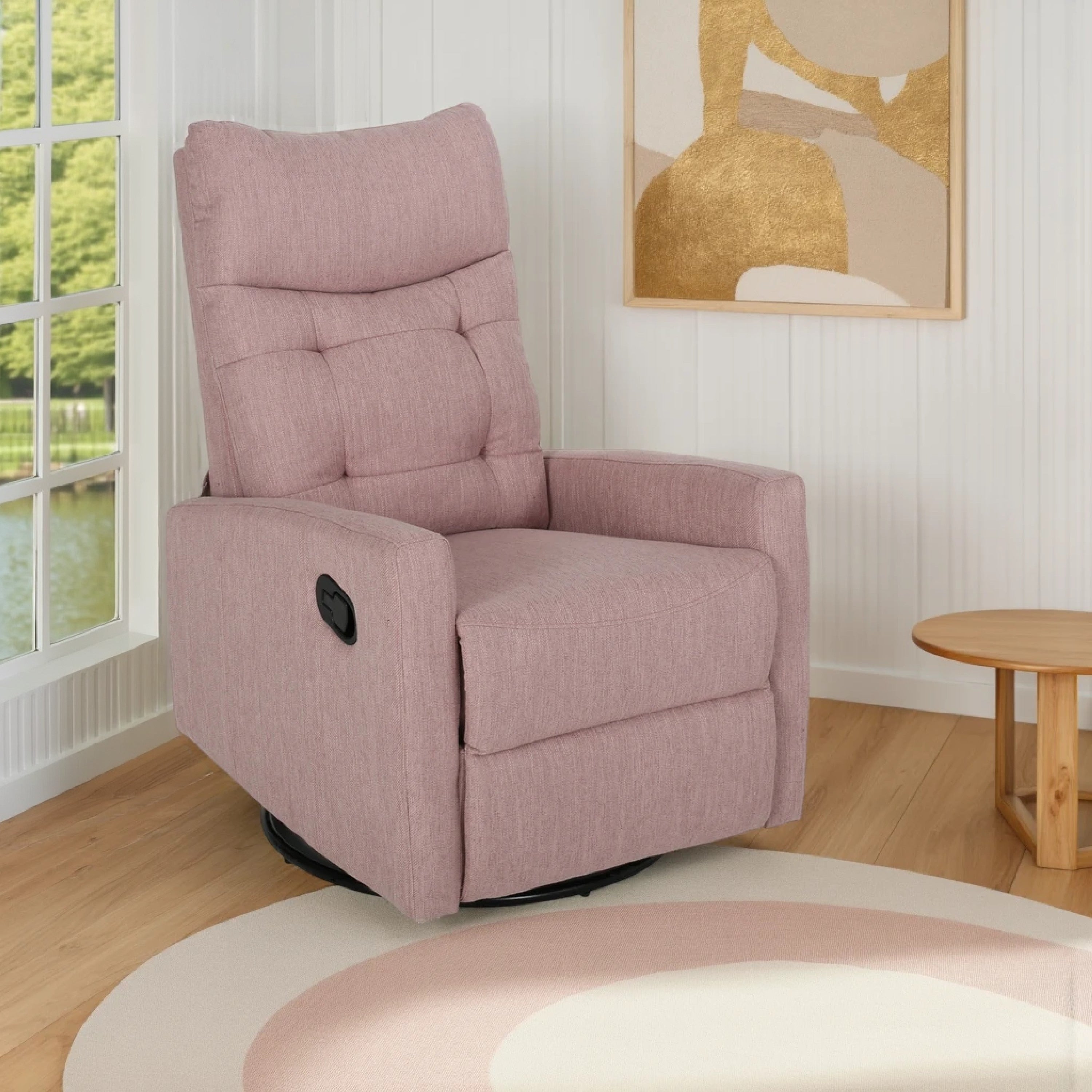 Fauteuil inclinable pivotant avec dossier relevable, tissu capitonné rose poudré