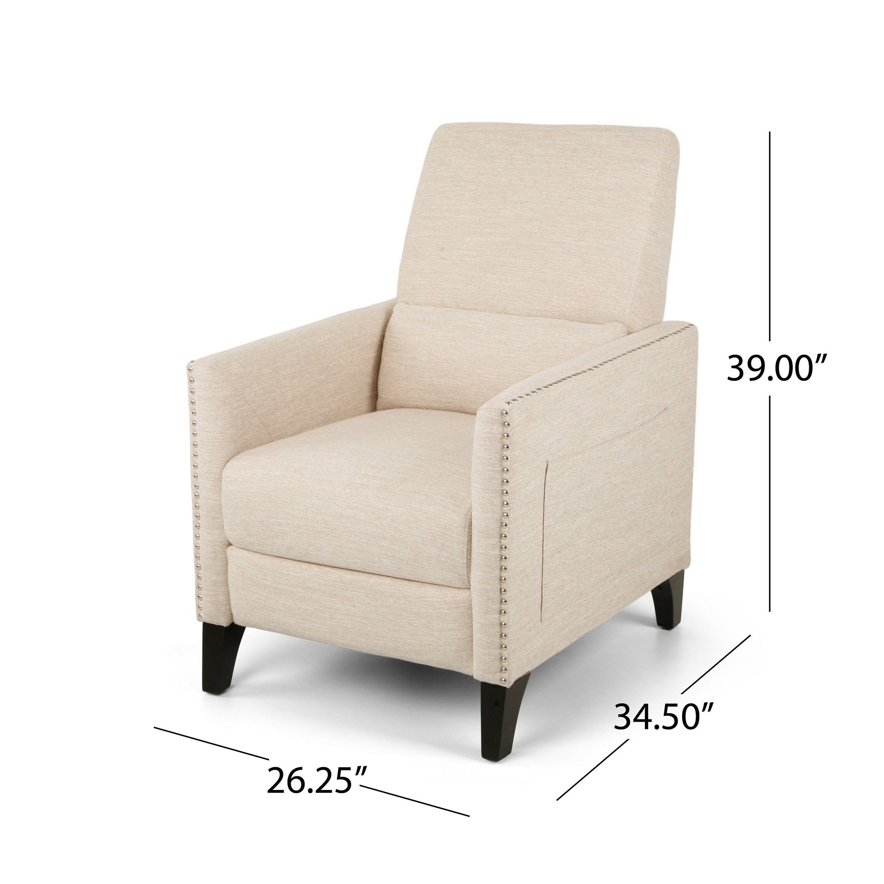 Fauteuil inclinable manuel à dossier relevable, garniture cloutée, tissu beige