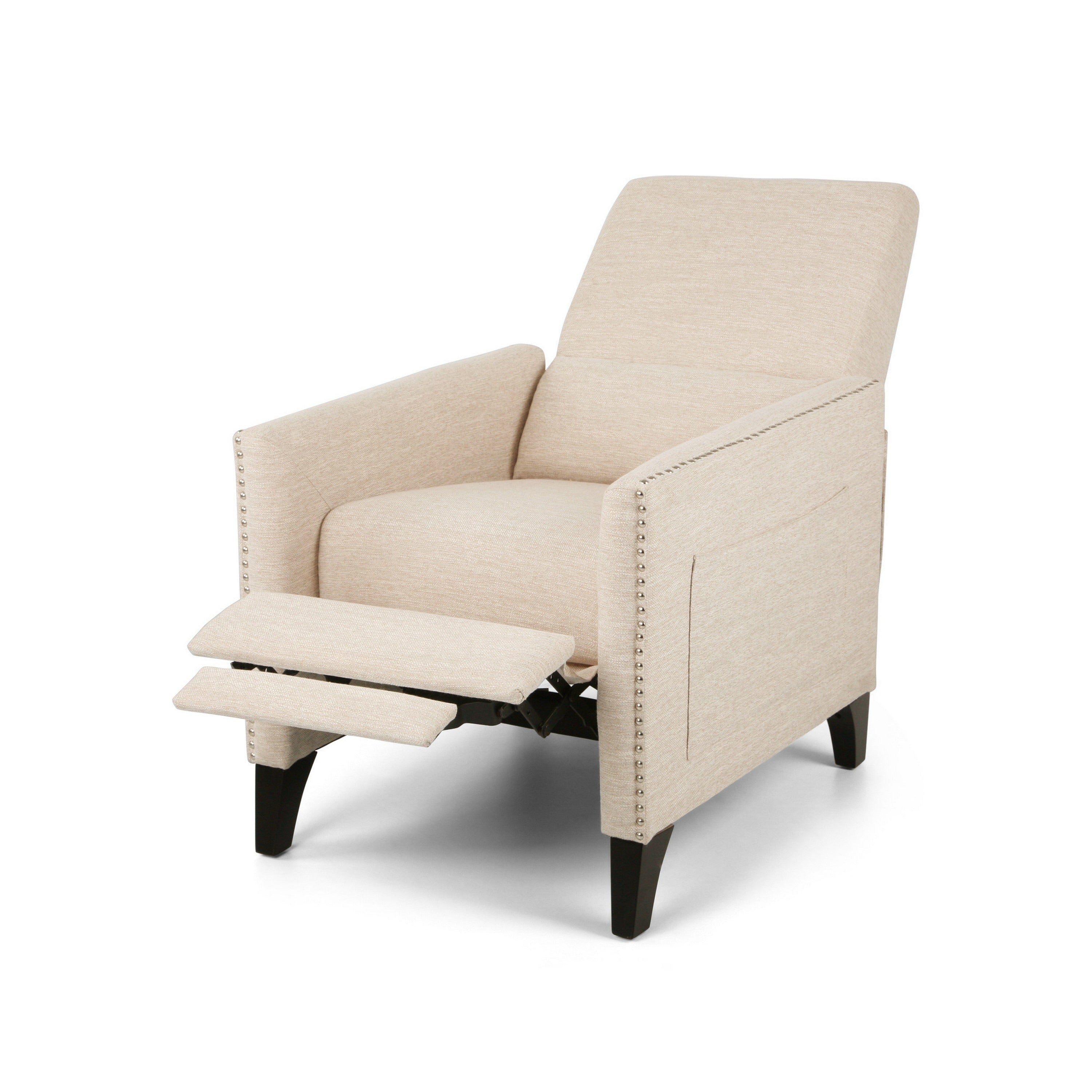 Fauteuil inclinable manuel à dossier relevable, garniture cloutée, tissu beige