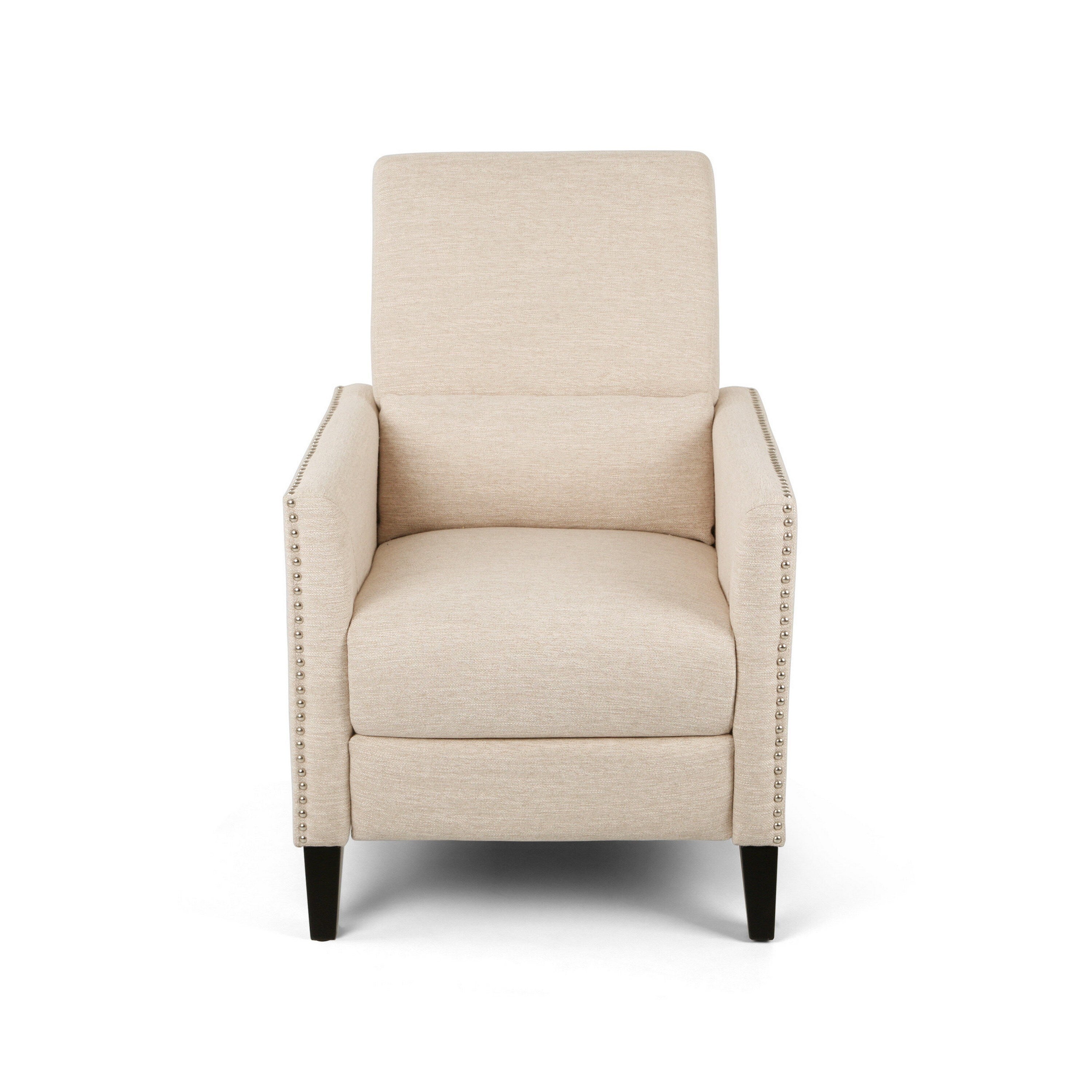 Fauteuil inclinable manuel à dossier relevable, garniture cloutée, tissu beige