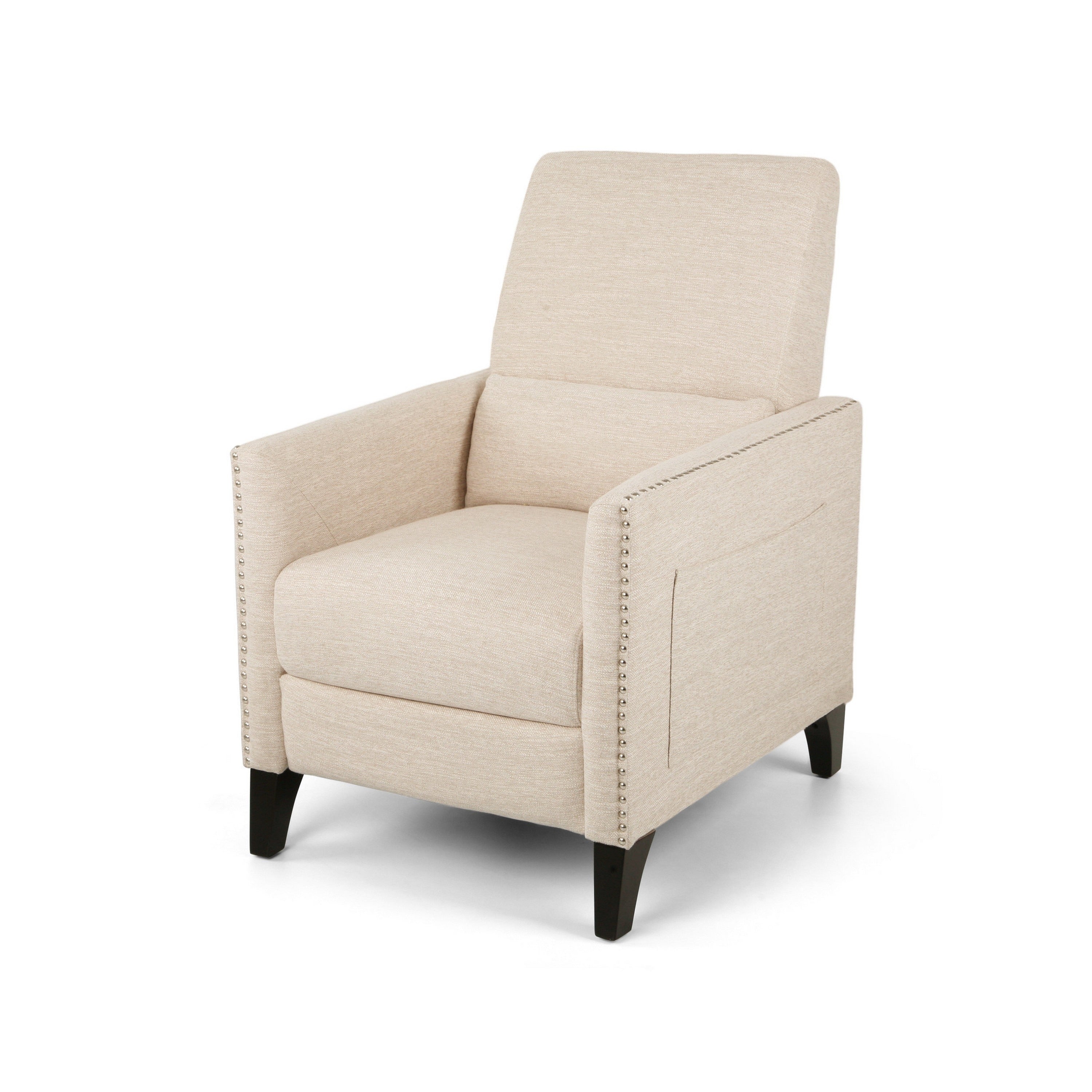 Fauteuil inclinable manuel à dossier relevable, garniture cloutée, tissu beige