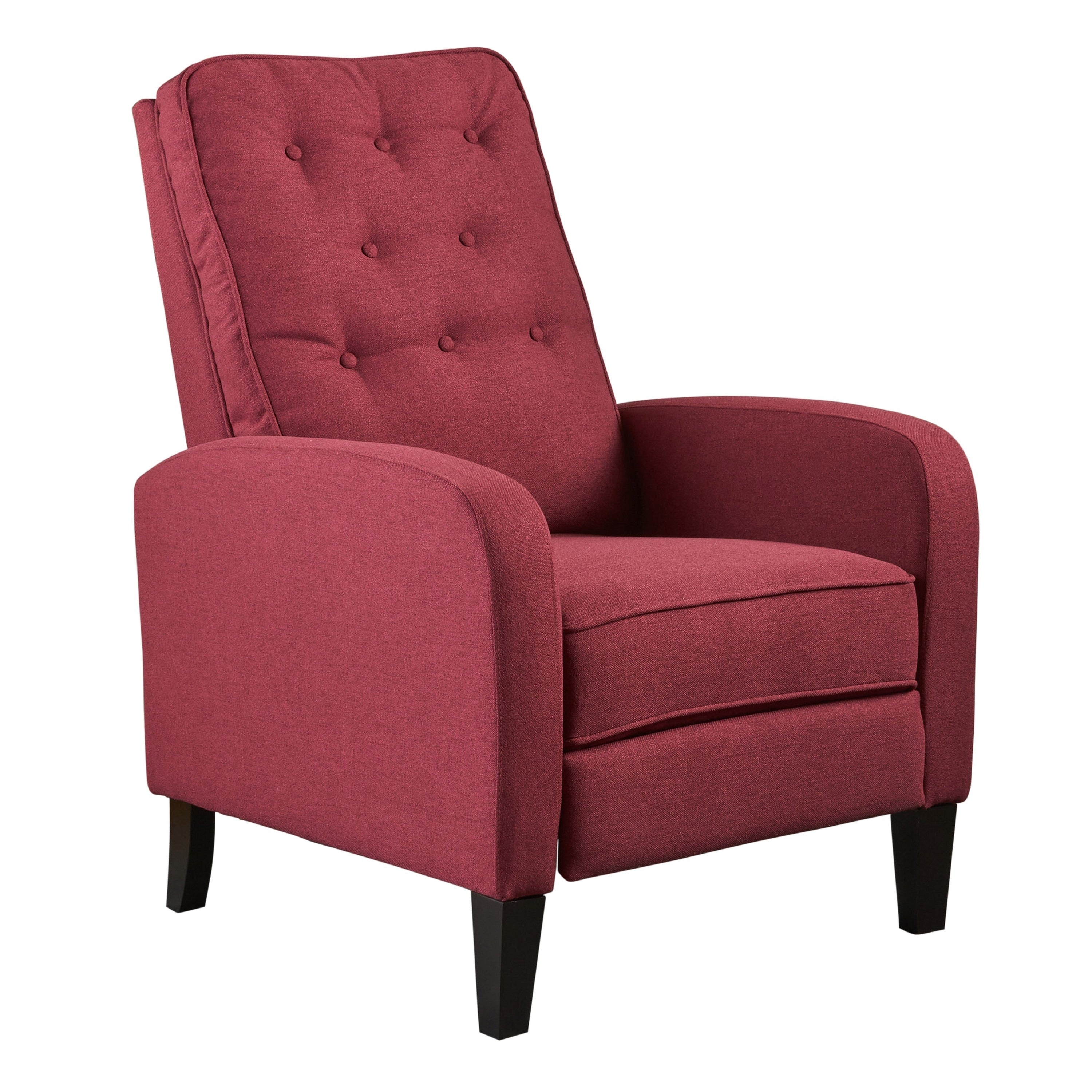 Fauteuil inclinable à dossier relevable, pieds en bois de bouleau, polyester capitonné à boutons rouges