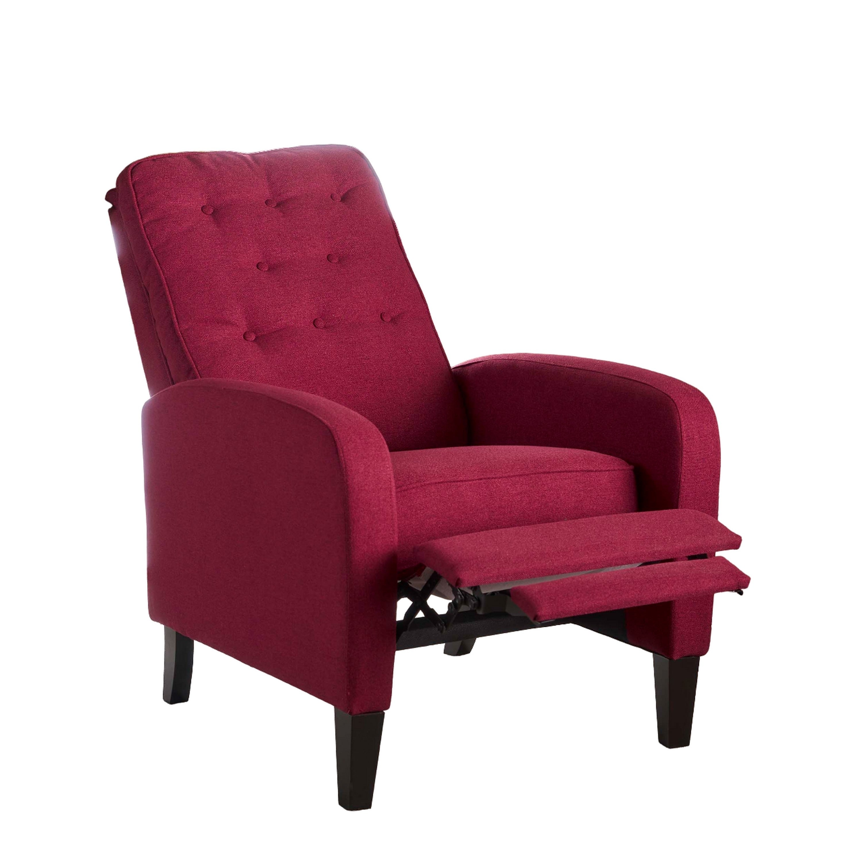 Fauteuil inclinable à dossier relevable, pieds en bois de bouleau, polyester capitonné à boutons rouges