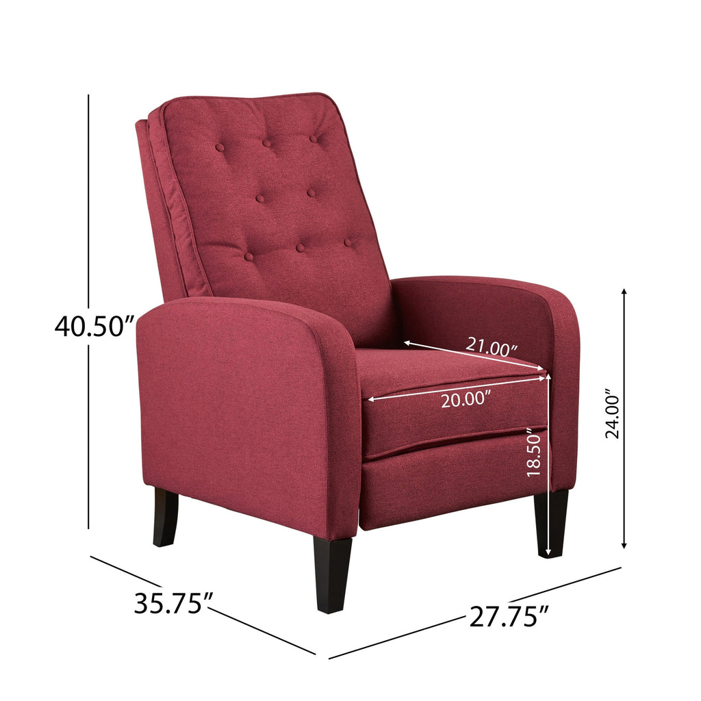 Fauteuil inclinable à dossier relevable, pieds en bois de bouleau, polyester capitonné à boutons rouges
